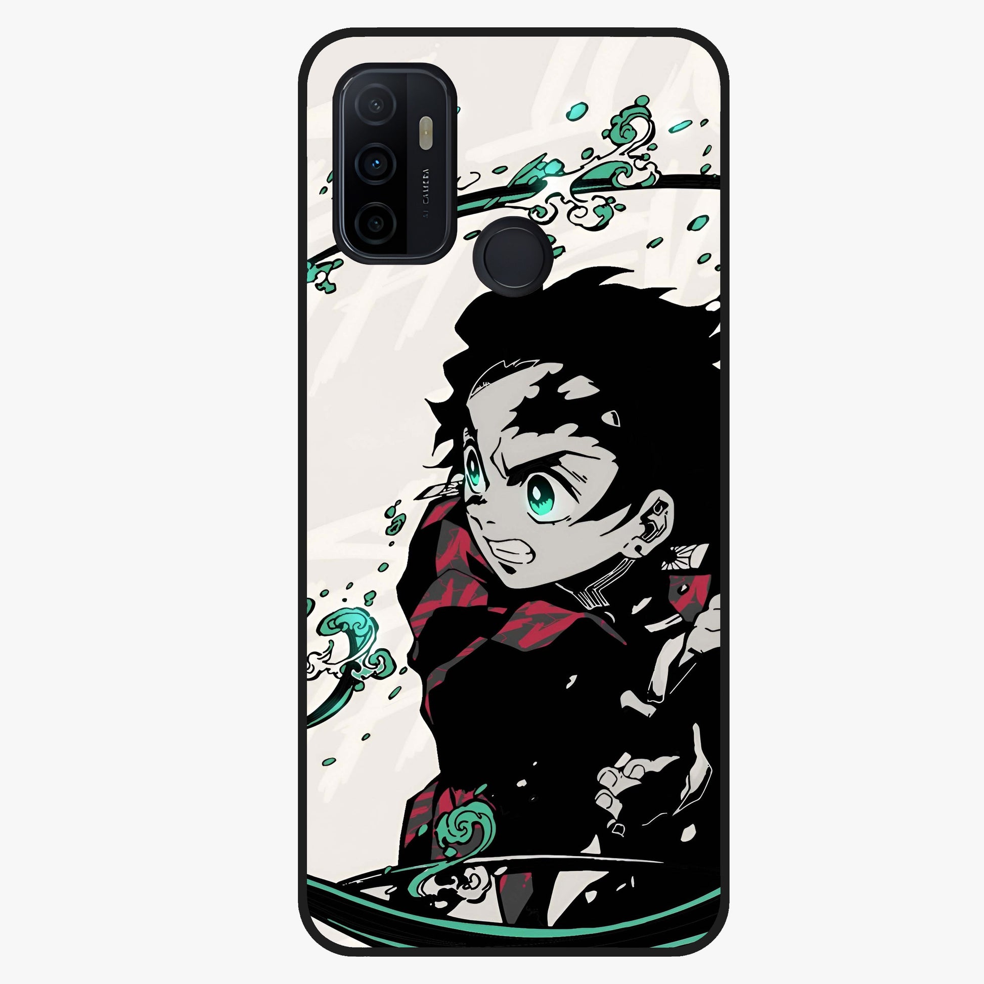 Demon Slayer Glass Case showing flat back view with bold anime inspired artwork and glossy glass finish.