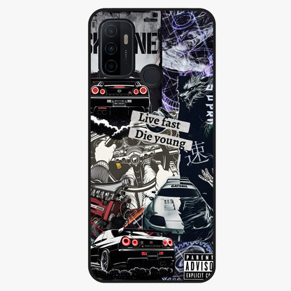 Die Young Glass Case showing flat back view with bold artistic typography design and glossy glass finish.