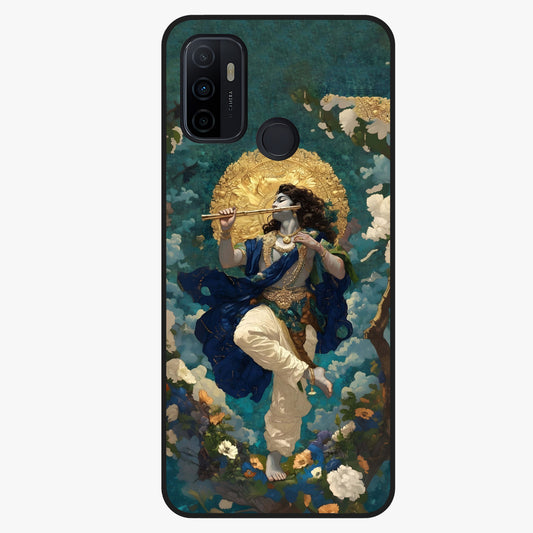 Divine Krishna Art Glass Case showing flat back view with Lord Krishna artwork and glossy glass finish.
