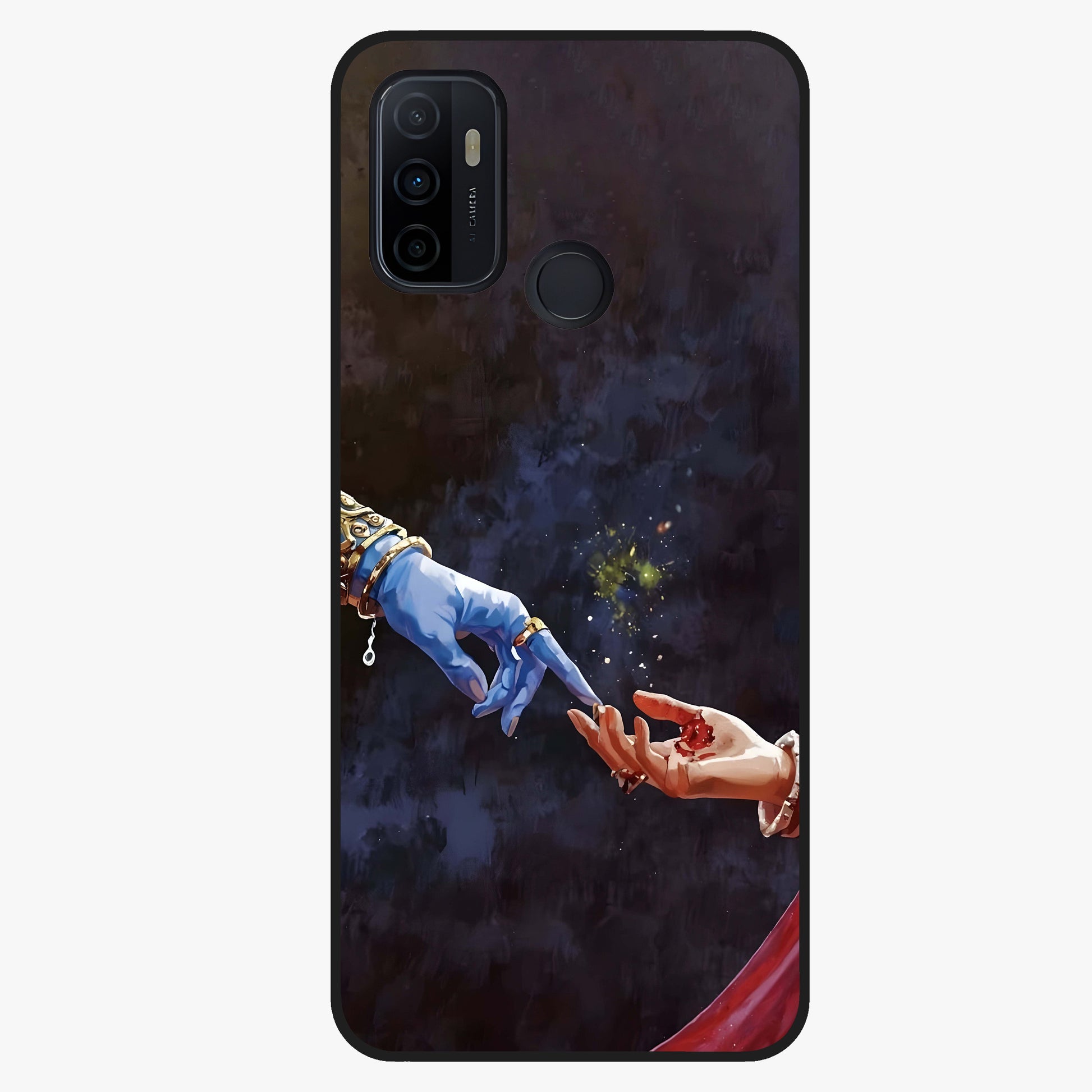 Divine Touch Eternal Glass Case showing flat back view with spiritual themed artwork and glossy glass finish.