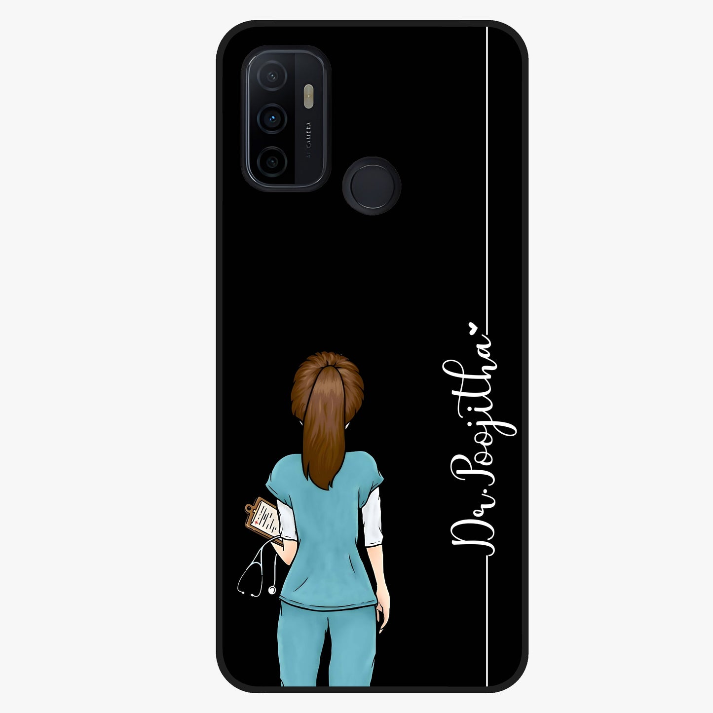 Doctor Pattern Custom Name Glass Case showing flat back view with medical themed pattern and personalized name design.