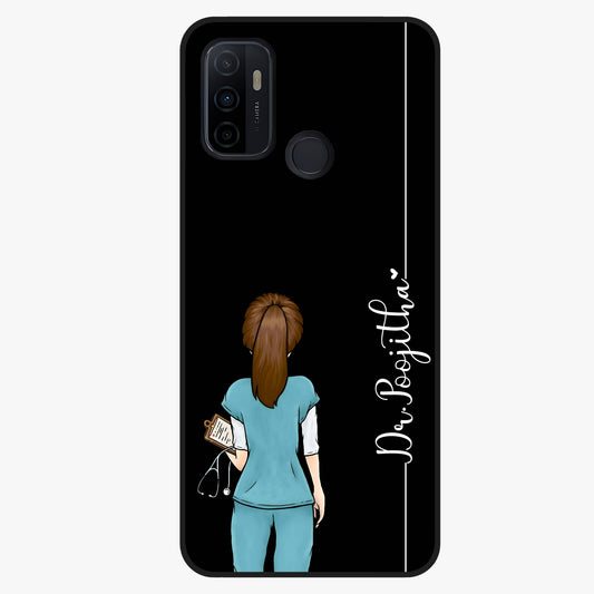 Doctor Pattern Custom Name Glass Case showing flat back view with medical themed pattern and personalized name design.