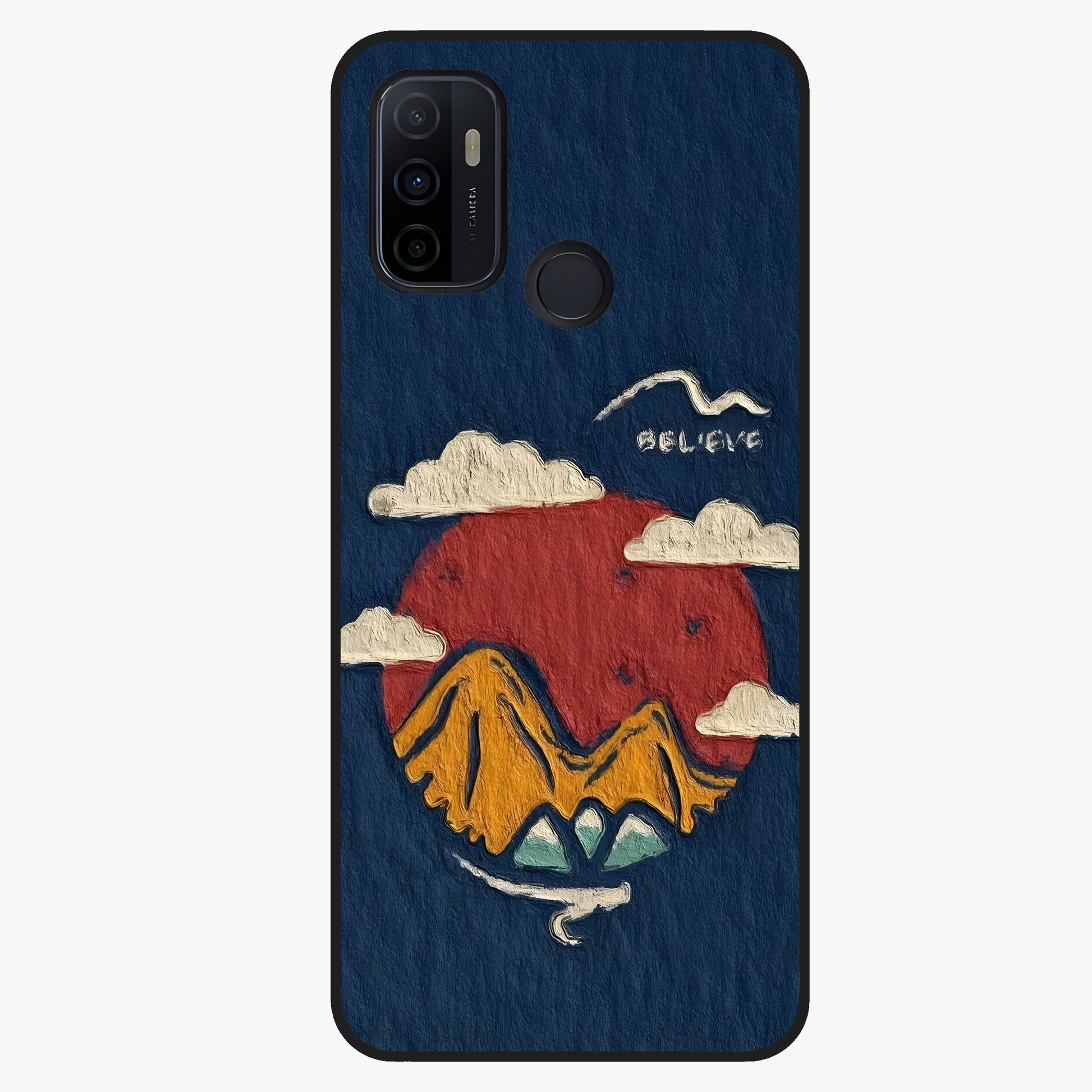 Dream Beyond Mountains Glass Case showing flat back view with scenic mountain landscape artwork and glossy glass finish.