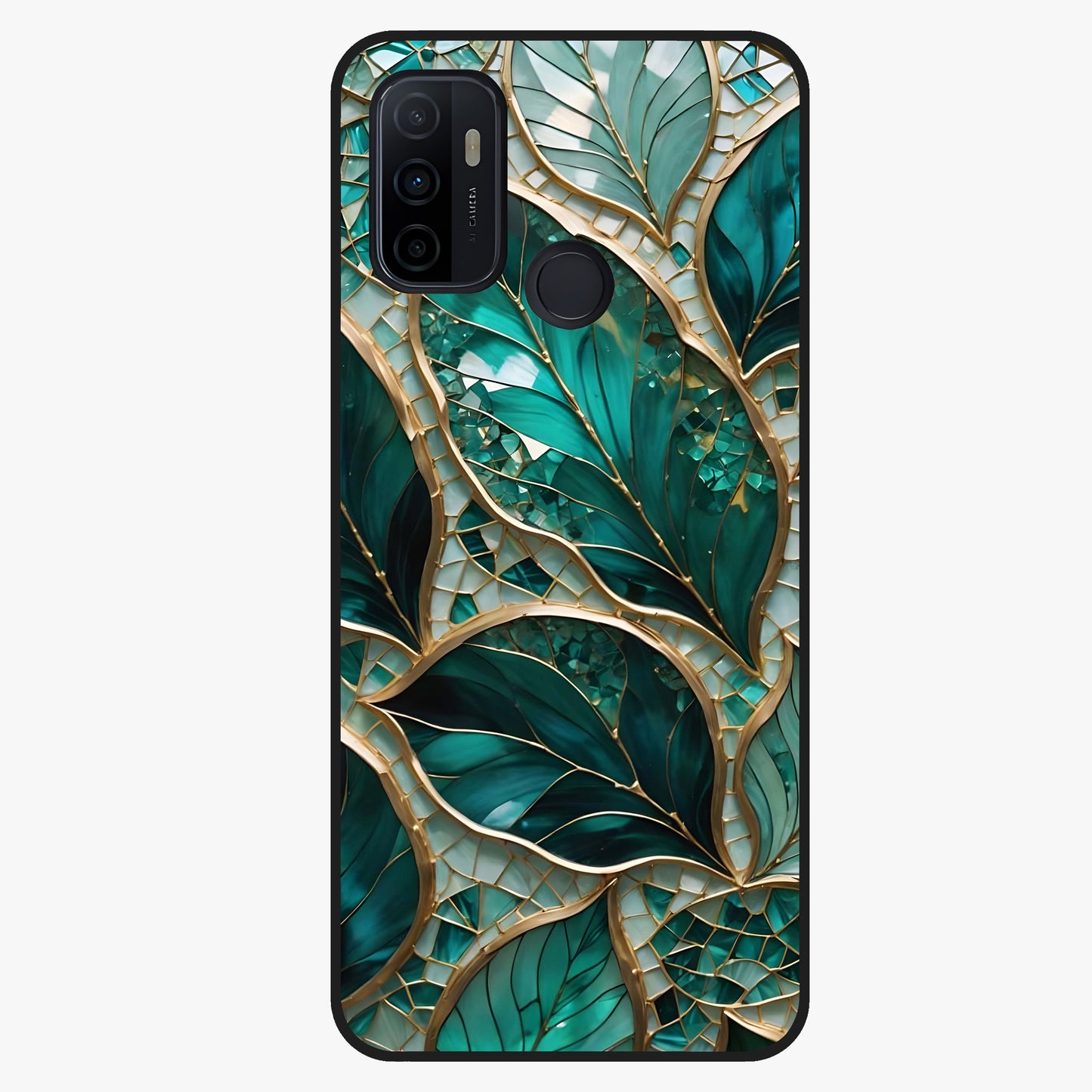 Emerald Leaf Glass Glass Case showing flat back view with emerald green leaf artwork and glossy glass finish.