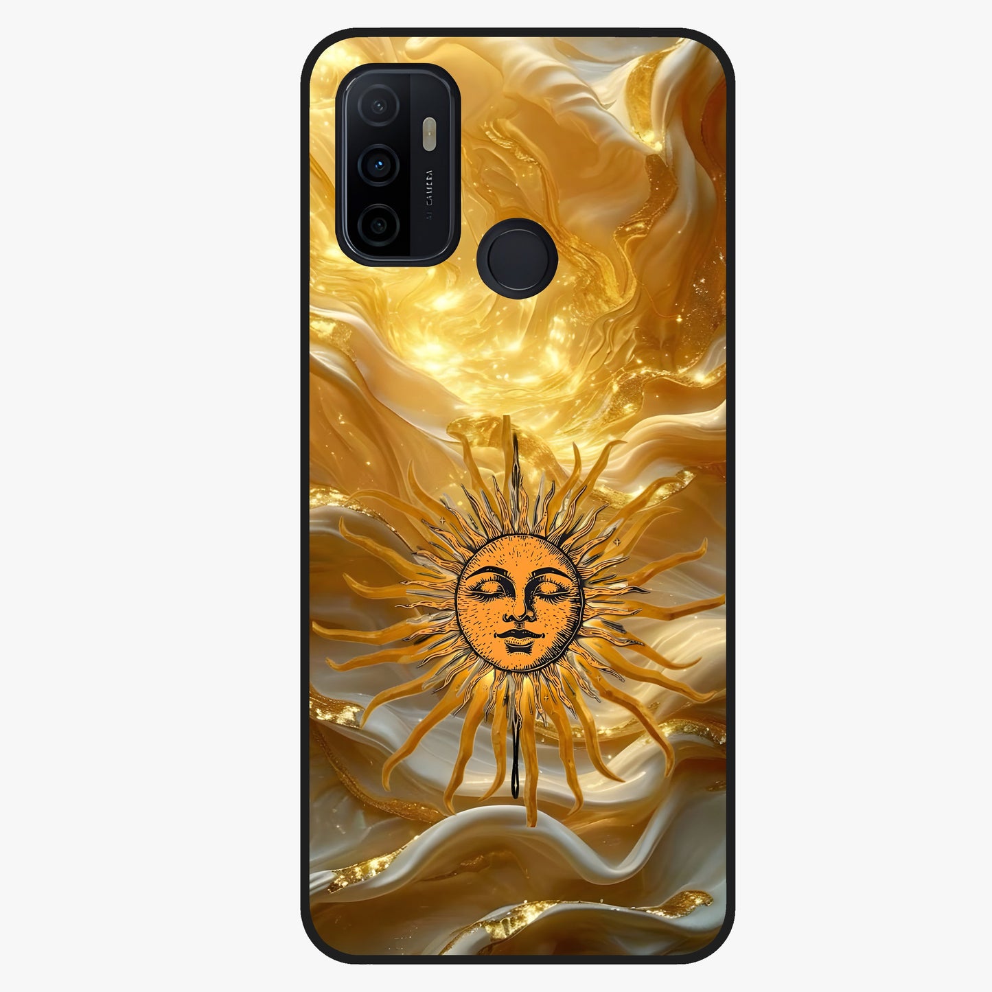 Eternal Golden Glow Glass Case showing flat back view with radiant golden themed artwork and glossy glass finish.