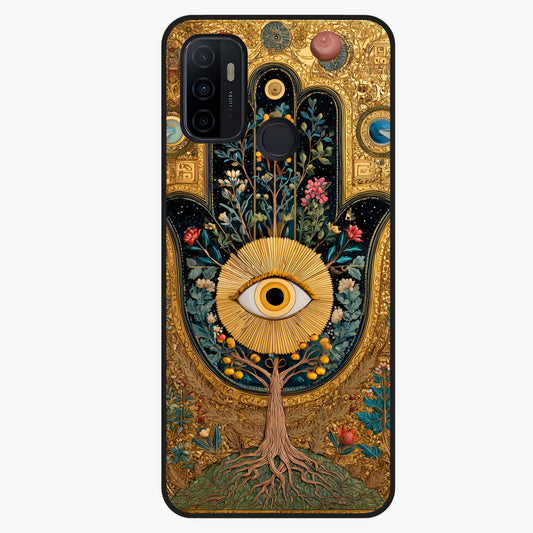 Ethereal Evil Eye Glass Case showing flat back view with mystical evil eye artwork and glossy glass finish.