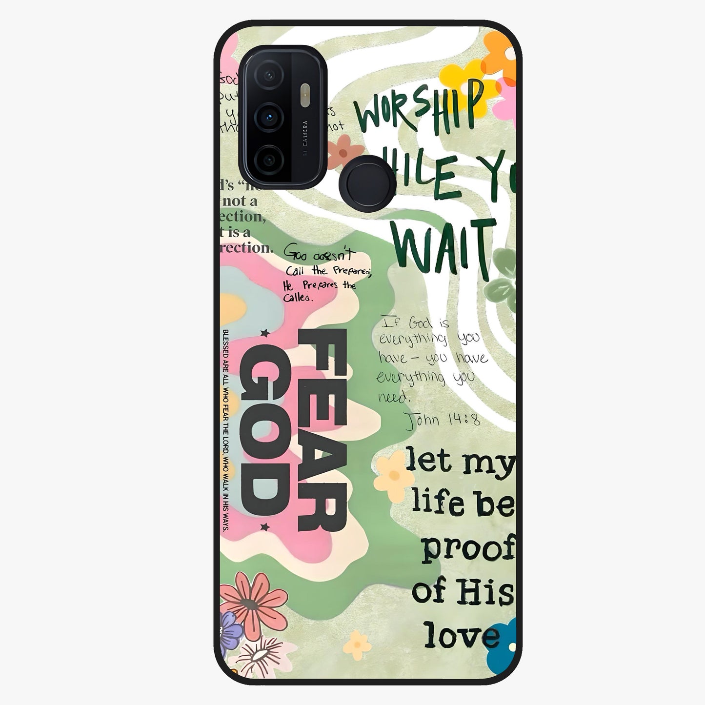 Faith Over Fear Glass Case showing flat back view with motivational typography artwork and glossy glass finish.