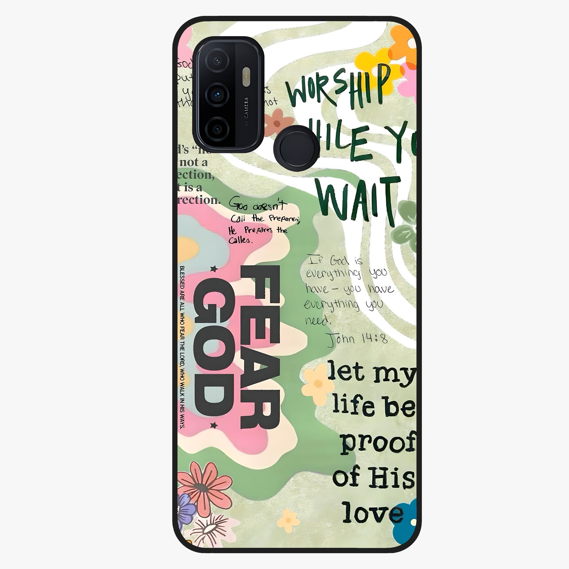 Faith Over Fear Glass Case showing flat back view with motivational typography artwork and glossy glass finish.