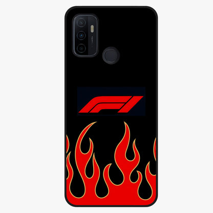 Fire F11 Glass Case showing flat back view with fiery themed artwork and glossy glass finish.