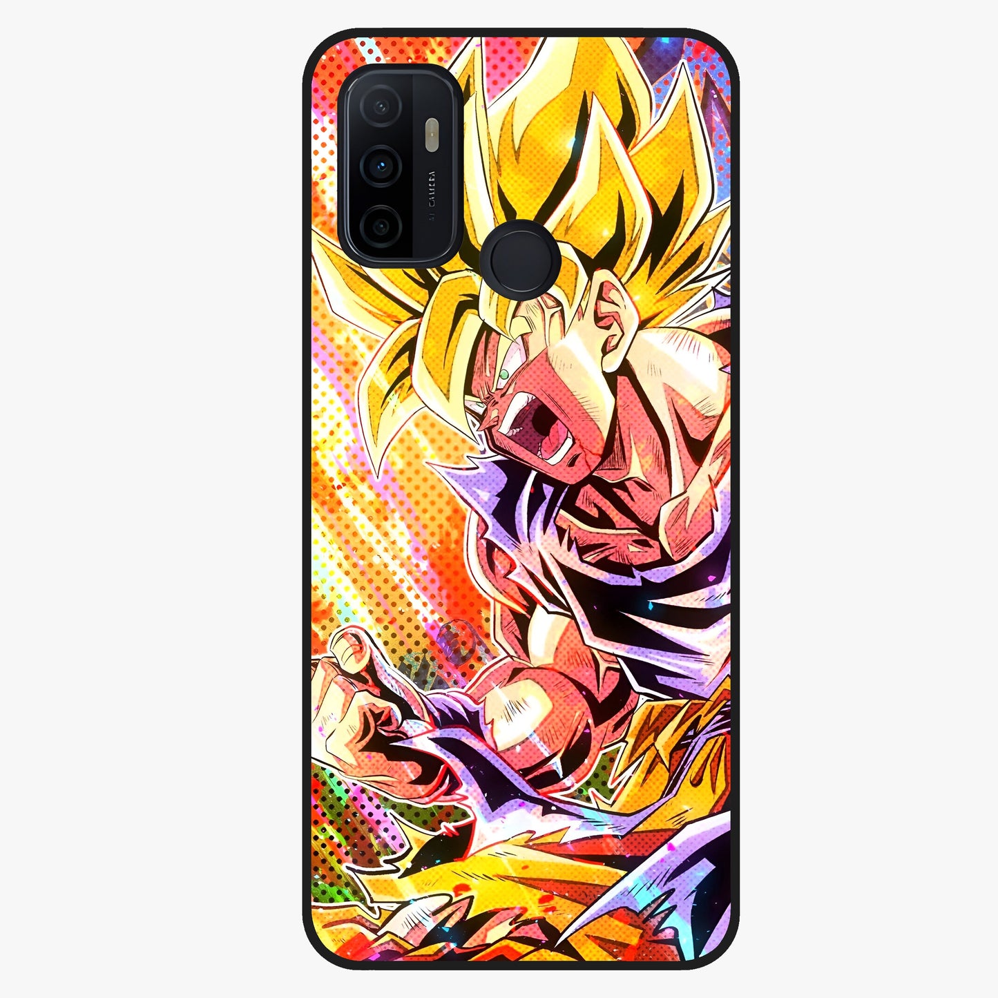 Firing Goku Glass Case showing flat back view with powerful anime inspired artwork and glossy glass finish.