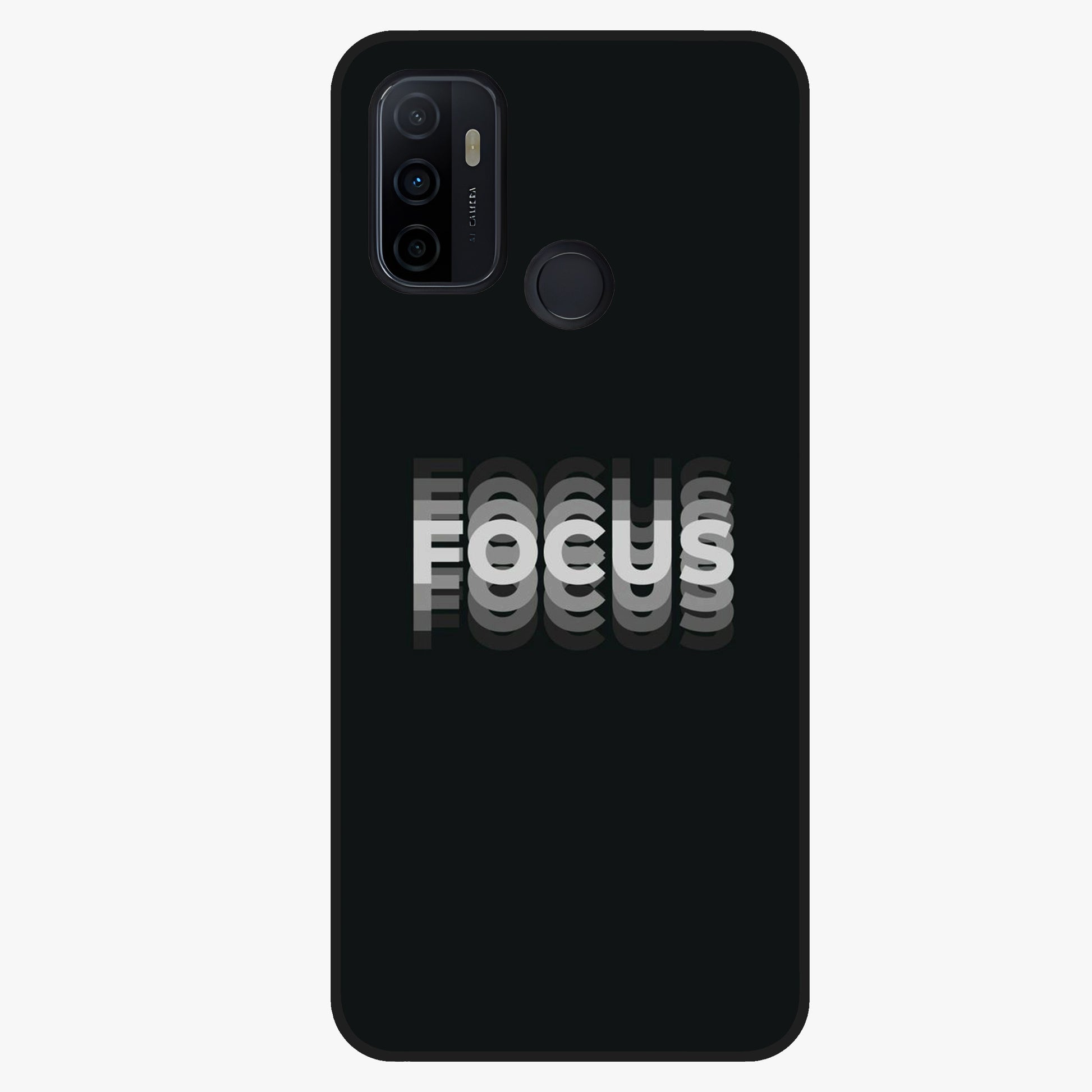 Focus Mode On Glass Case showing flat back view with bold motivational typography design and glossy glass finish.