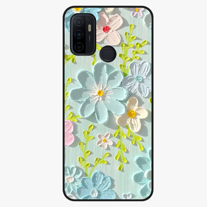 Frosted Petal Garden Glass Case showing flat back view with soft frosted floral artwork and glossy glass finish.