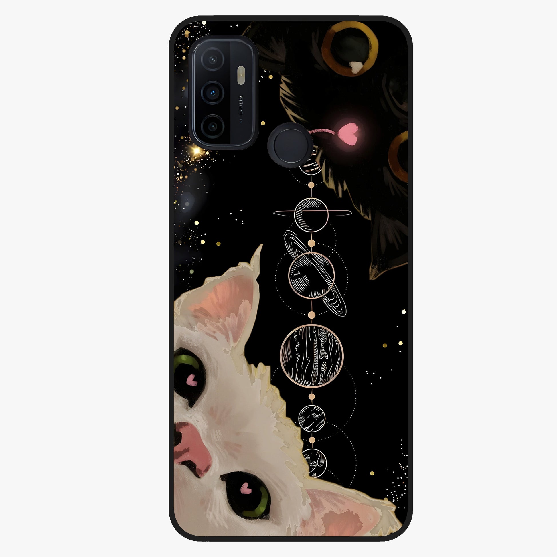 Galactic Cat Glass Case showing flat back view with cosmic cat artwork and glossy glass finish.