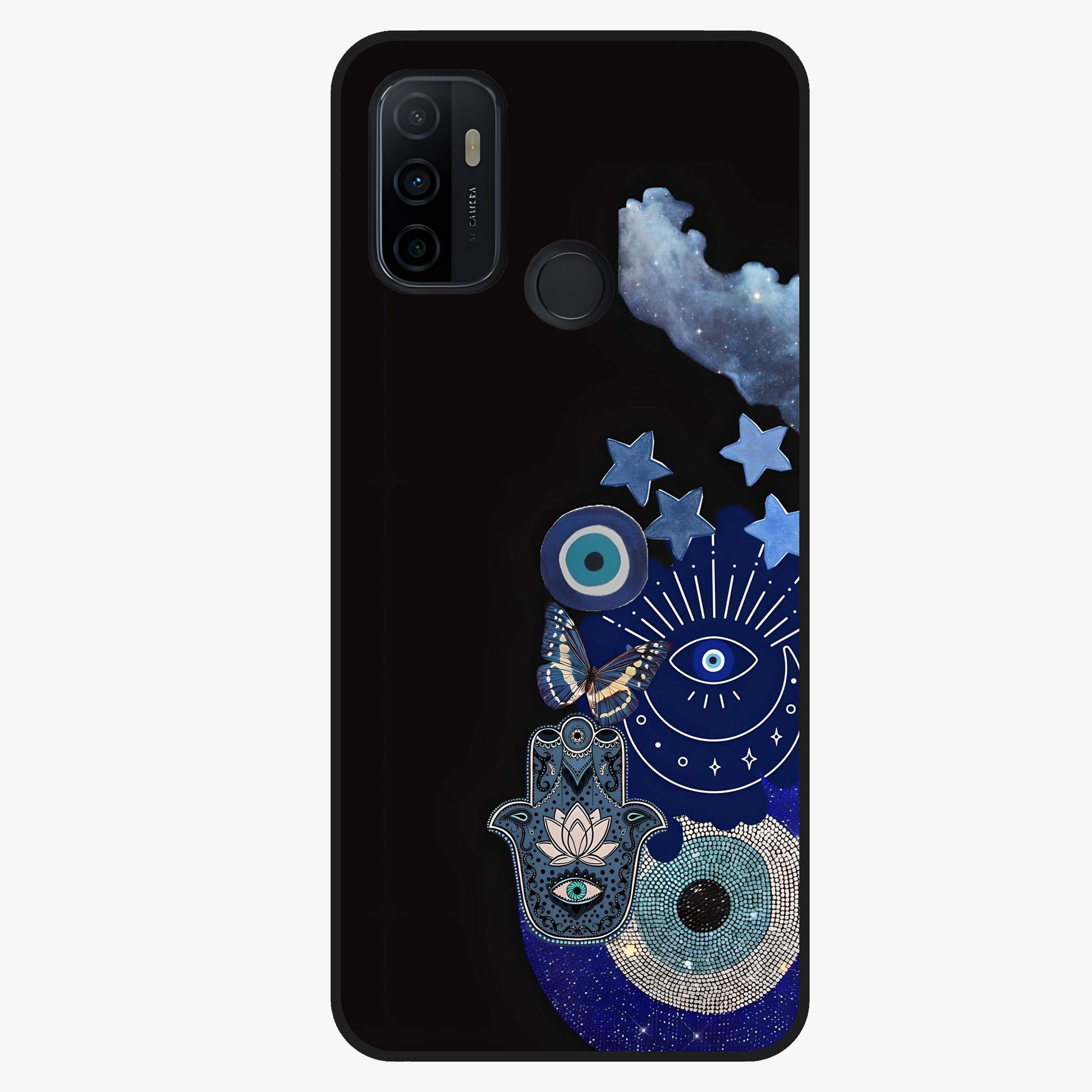 Galactic Charm Cluster Glass Case showing flat back view with glowing celestial charm artwork and glossy glass finish.