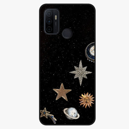 Galactic Charm Glow Glass Case showing flat back view with glowing celestial charm artwork and glossy glass finish.