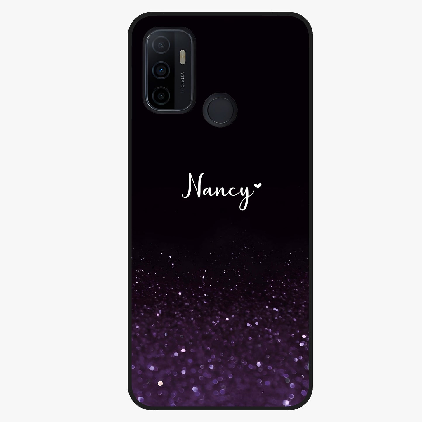 Glittery Purple Bokeh Custom Name Glass Case showing flat back view with purple bokeh sparkle artwork and personalized name design.