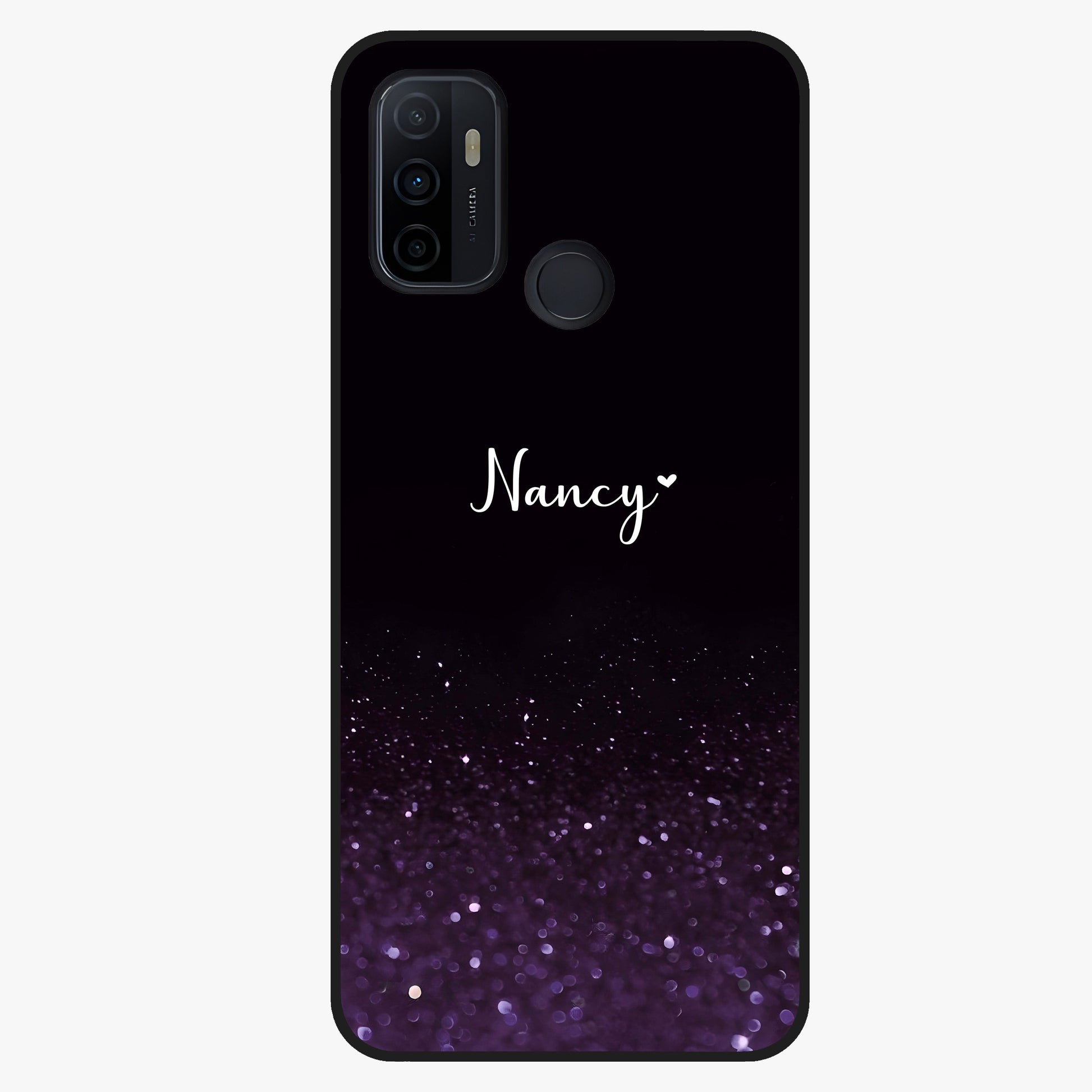 Glittery Purple Bokeh Custom Name Glass Case showing flat back view with purple bokeh sparkle artwork and personalized name design.