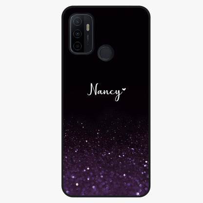 Glittery Purple Bokeh Custom Name Glass Case showing flat back view with purple bokeh sparkle artwork and personalized name design.