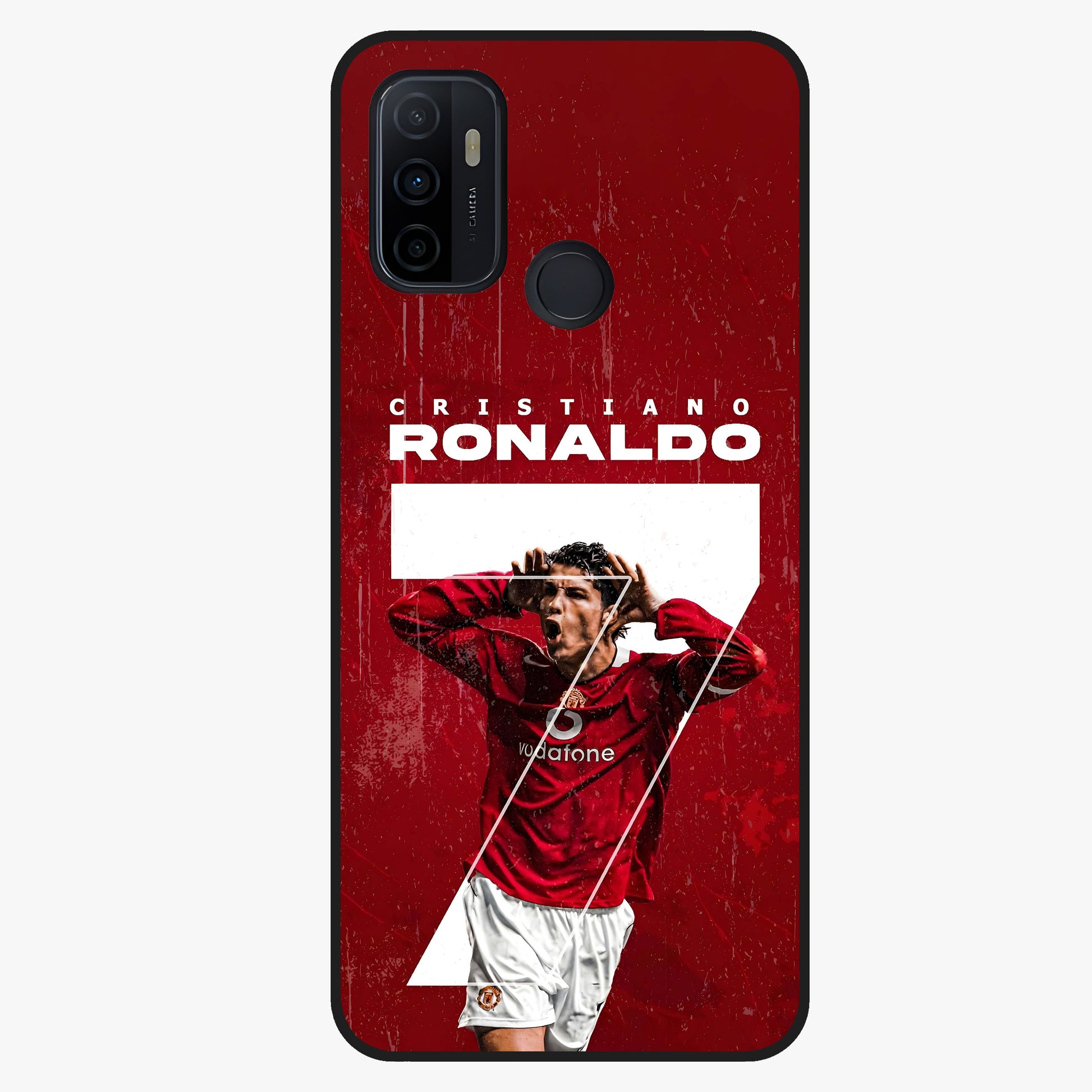 Goal Celebration Legacy Glass Case showing flat back view with football celebration inspired artwork and glossy glass finish.
