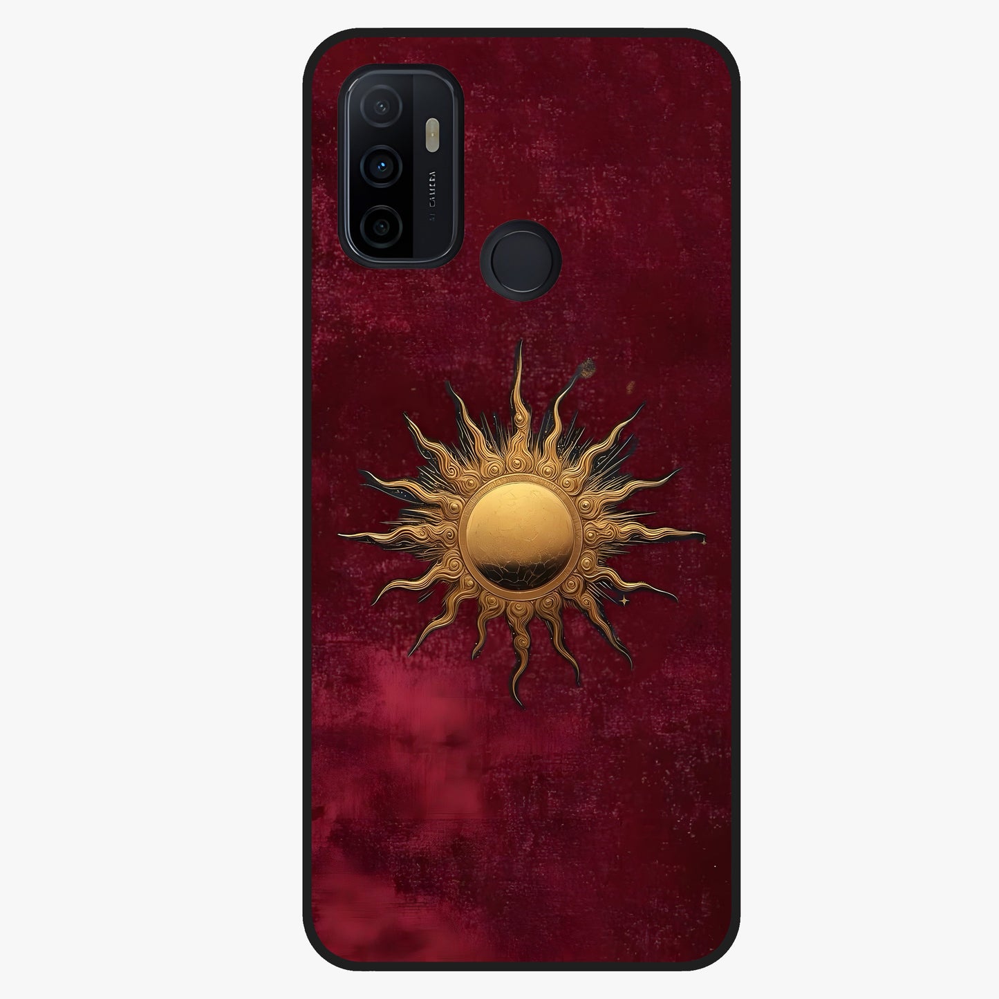 Gold Sun Blush Glass Case showing flat back view with golden sun inspired artwork and glossy glass finish.
