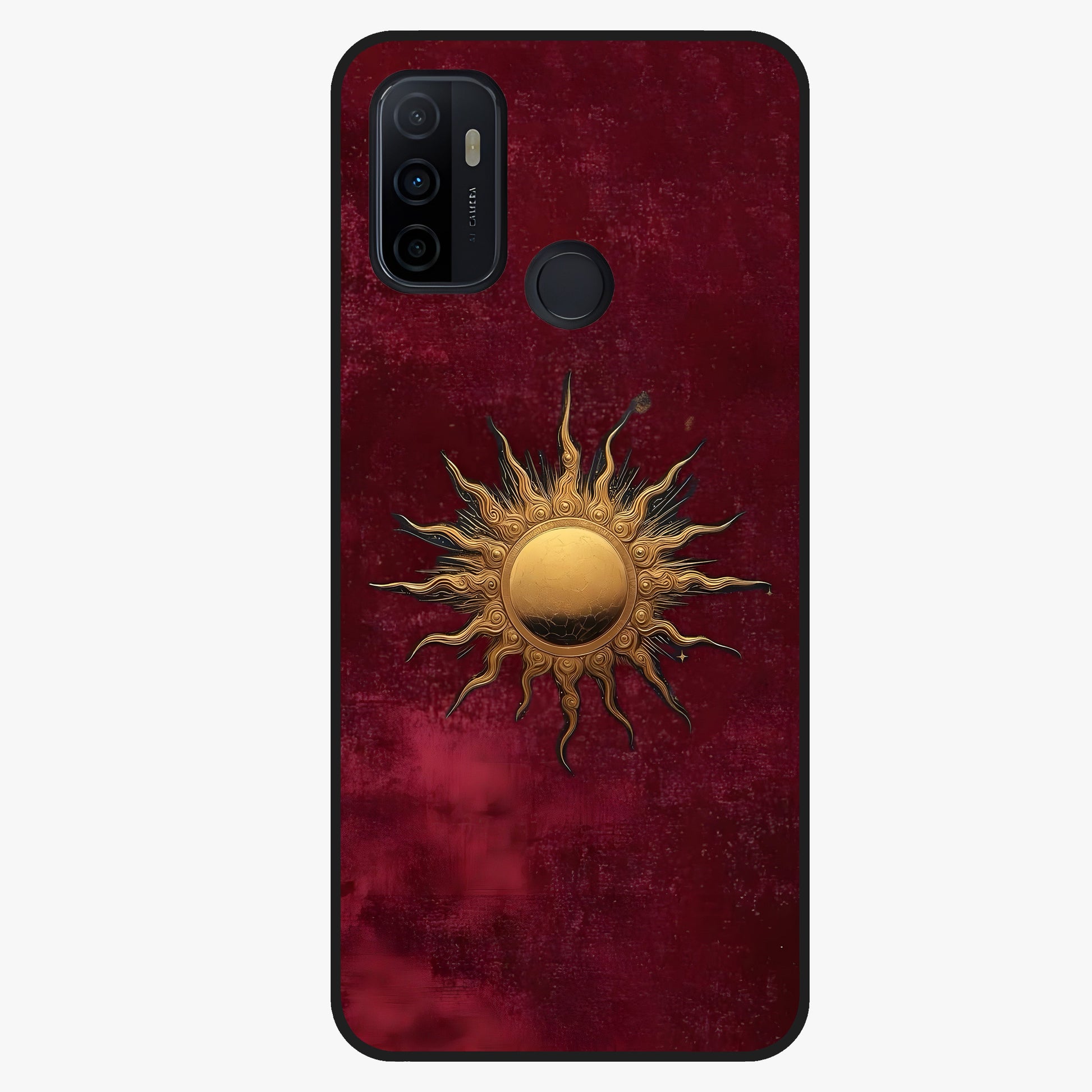 Gold Sun Blush Glass Case showing flat back view with golden sun inspired artwork and glossy glass finish.