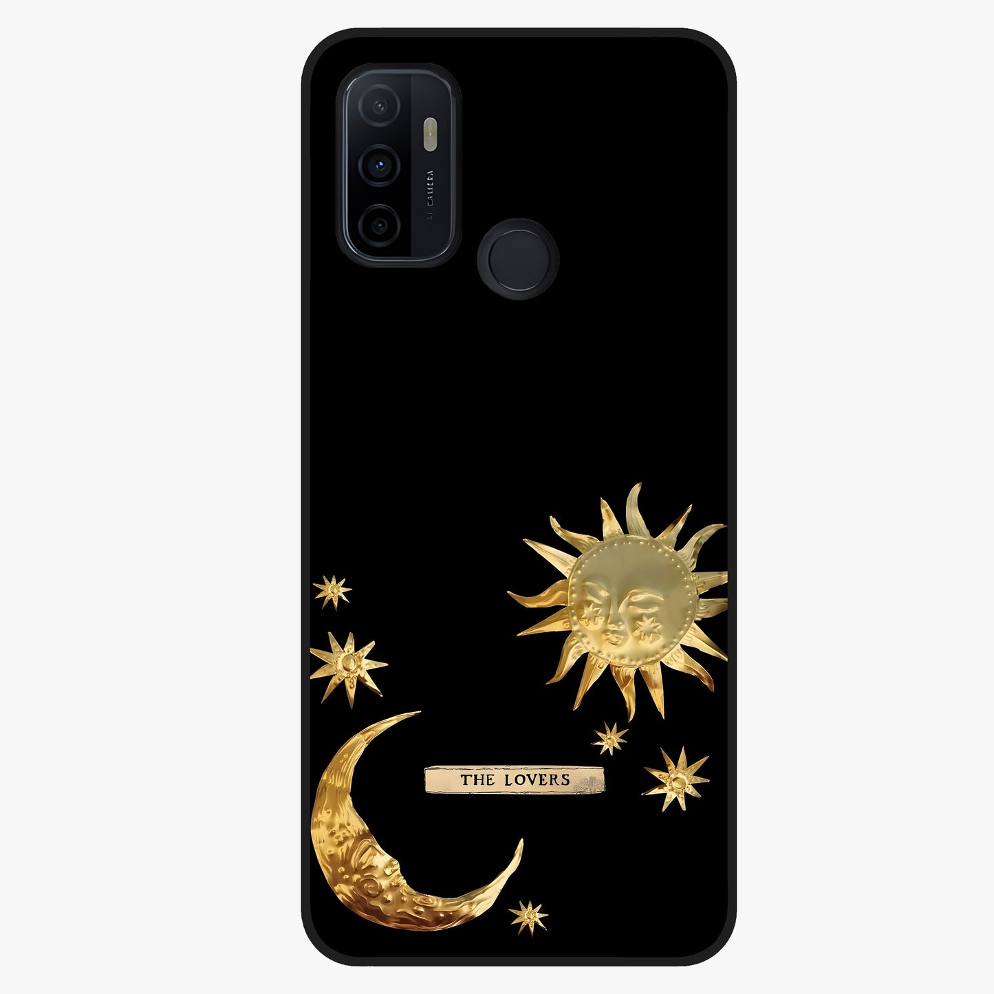 Golden Celestial Charm Glass Case showing flat back view with golden celestial charm artwork and glossy glass finish.