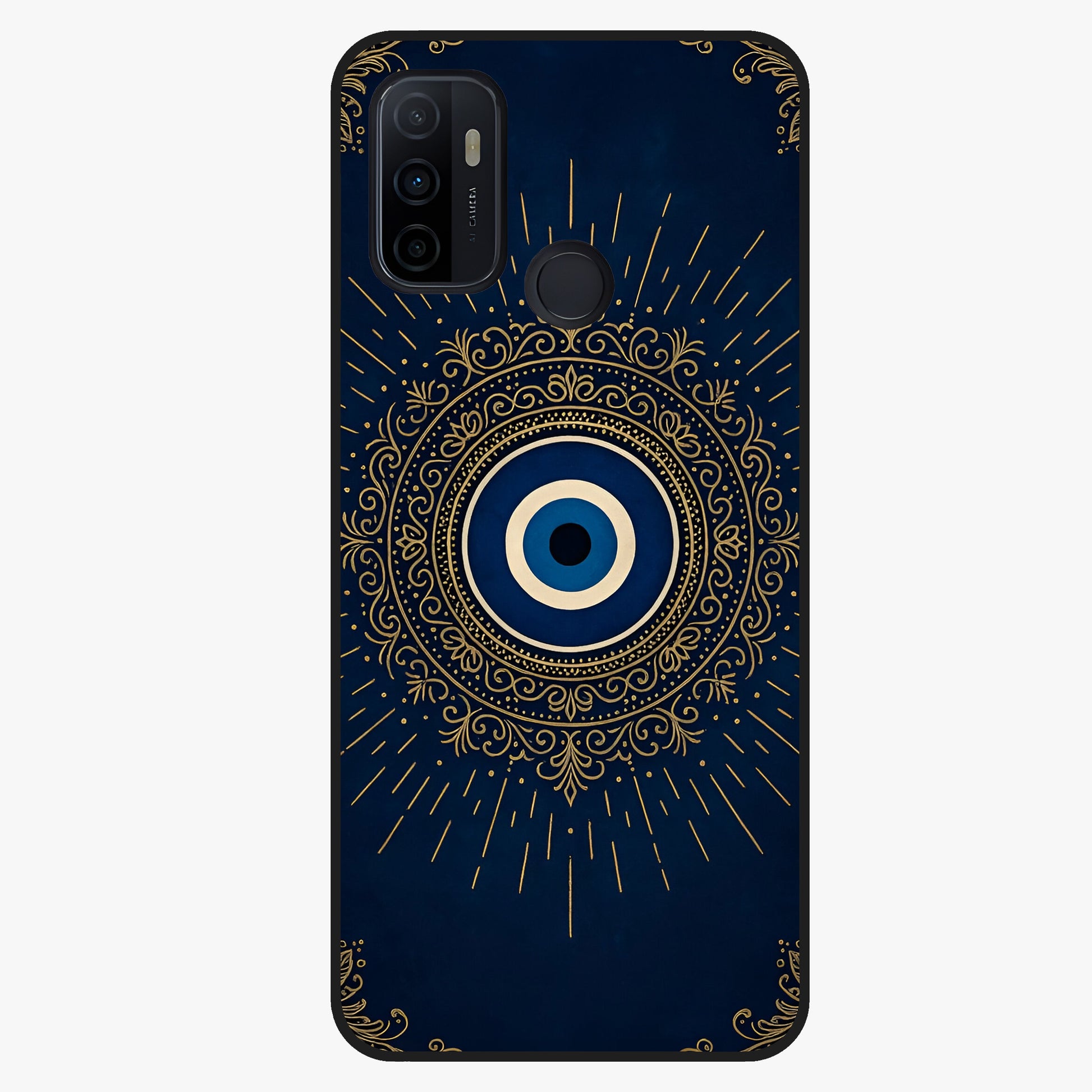 Golden Evil Eye Mandala Glass Case showing flat back view with intricate evil eye mandala artwork and glossy glass finish.