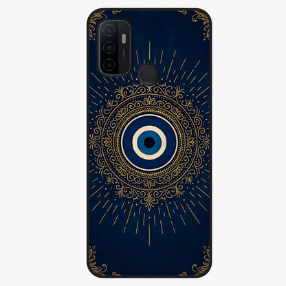 Golden Evil Eye Mandala Glass Case showing flat back view with intricate evil eye mandala artwork and glossy glass finish.