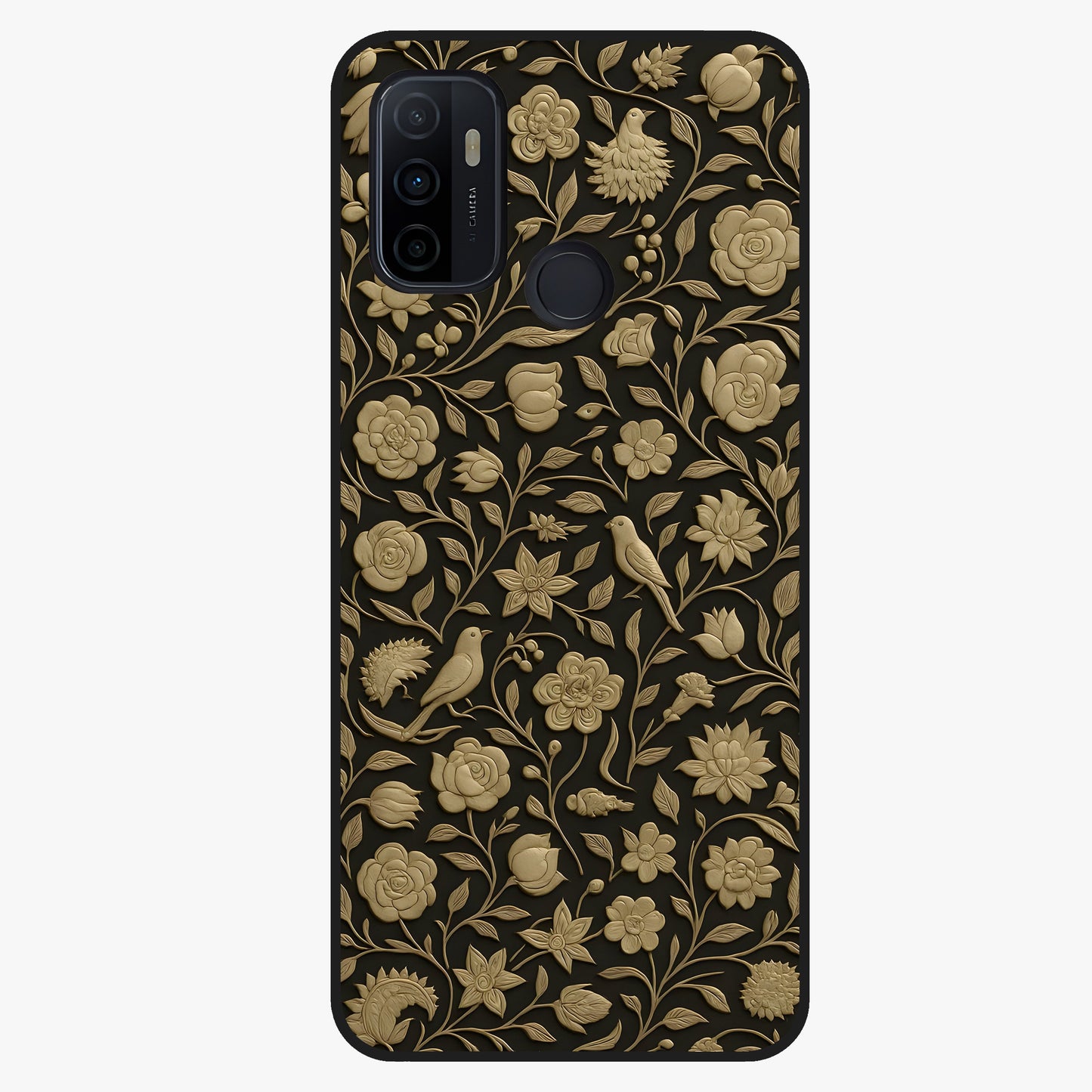 Golden Floral Majesty Glass Case showing flat back view with luxurious golden floral artwork and glossy glass finish.
