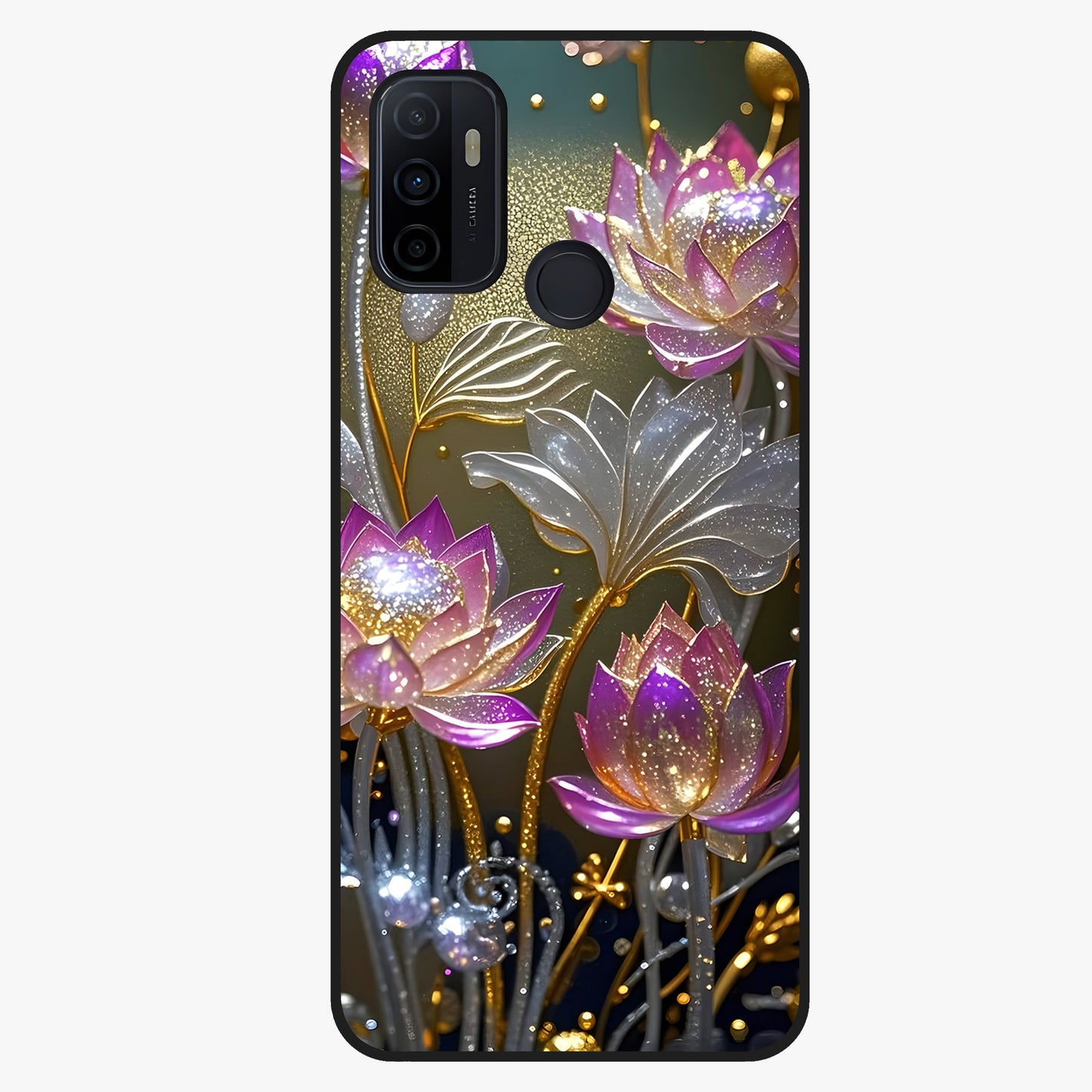 Golden Lotus Glow Glass Case showing flat back view with glowing lotus flower artwork and glossy glass finish.