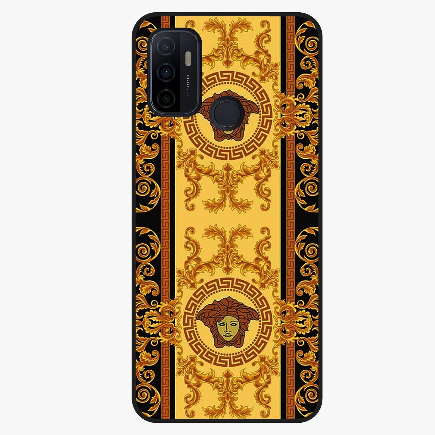Golden Royal Heritage Glass Case showing flat back view with ornate royal pattern artwork and glossy glass finish.