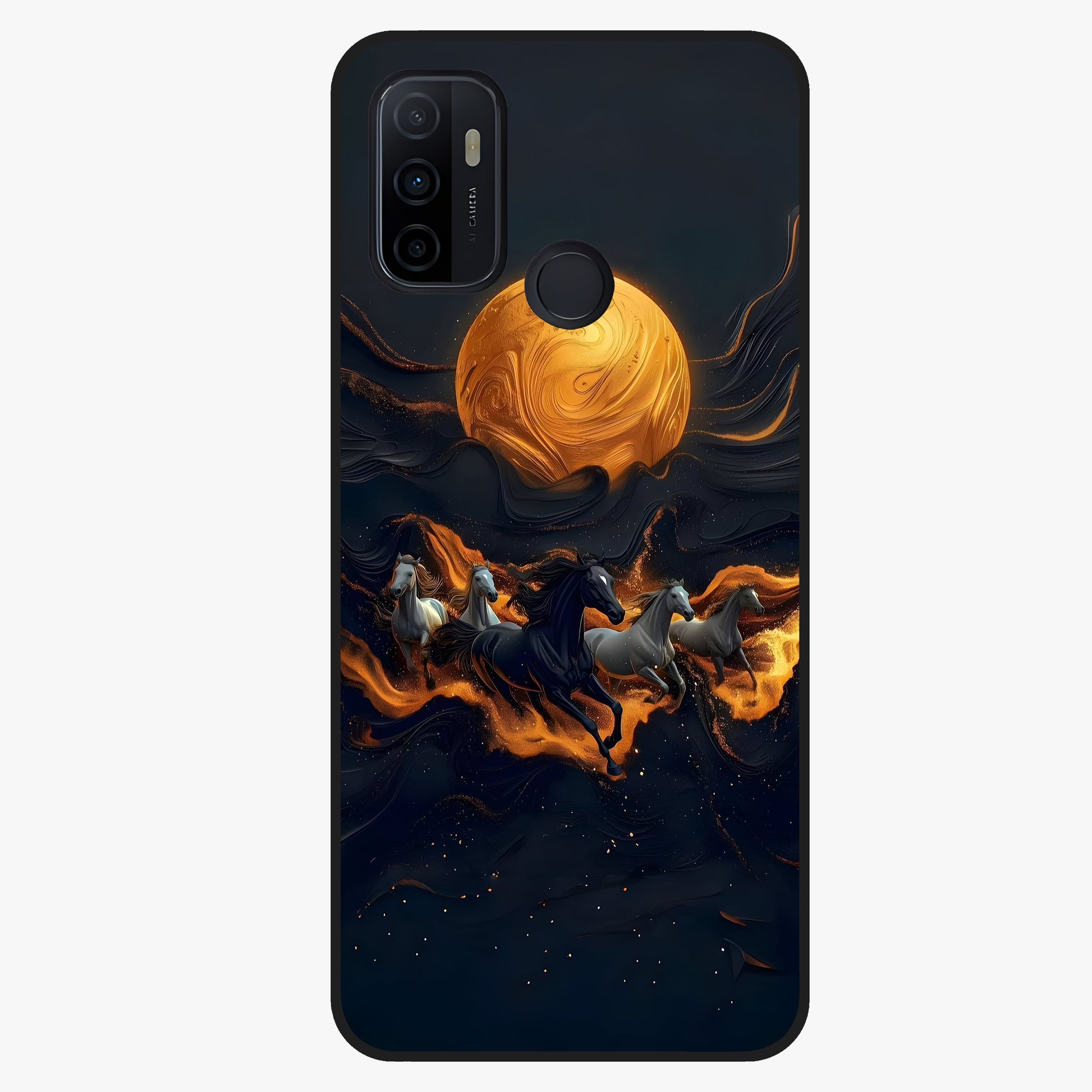 Golden Stallion Moonride Glass Case showing flat back view with majestic horse under moonlight artwork and glossy glass finish.