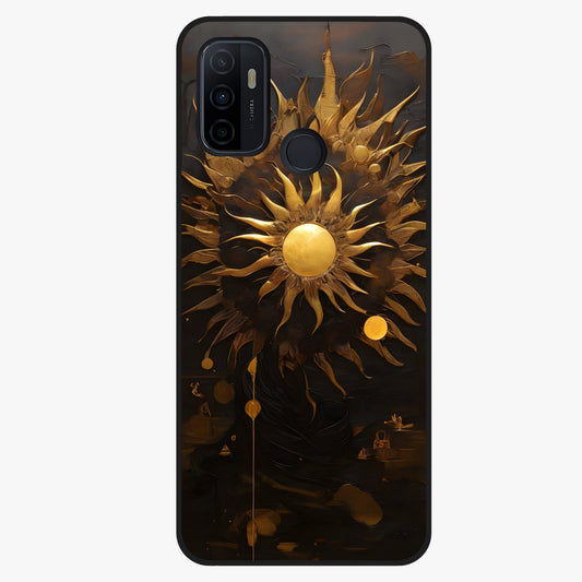 Golden Sun Majesty Glass Case showing flat back view with radiant golden sun artwork and glossy glass finish.