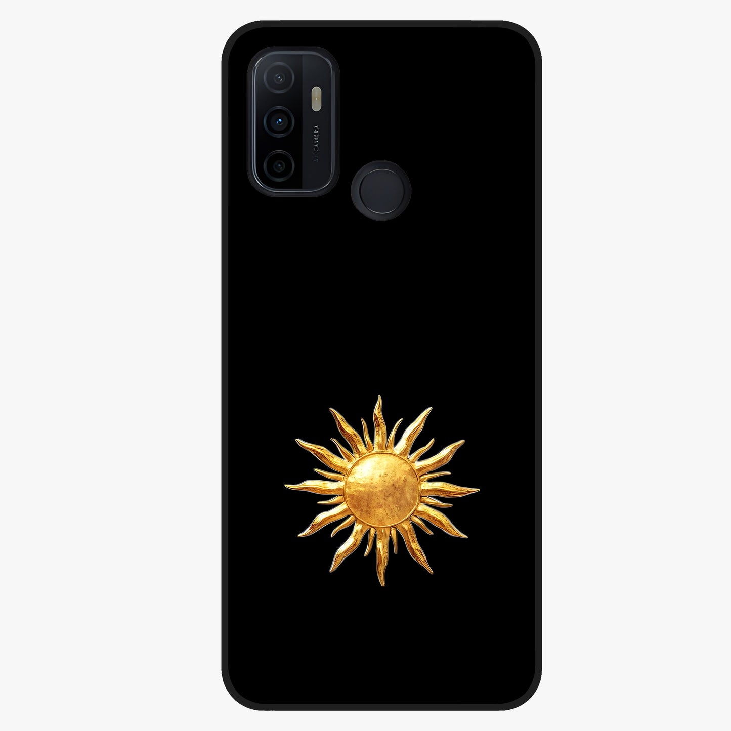 Golden Sun Minimalism Glass Case showing flat back view with minimal golden sun artwork and glossy glass finish.