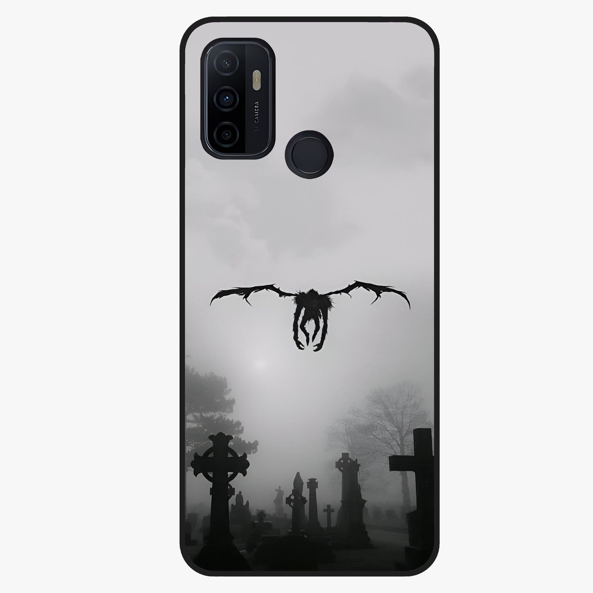 Graveyard Shadow Descent Glass Case showing flat back view with dark graveyard themed artwork and glossy glass finish.