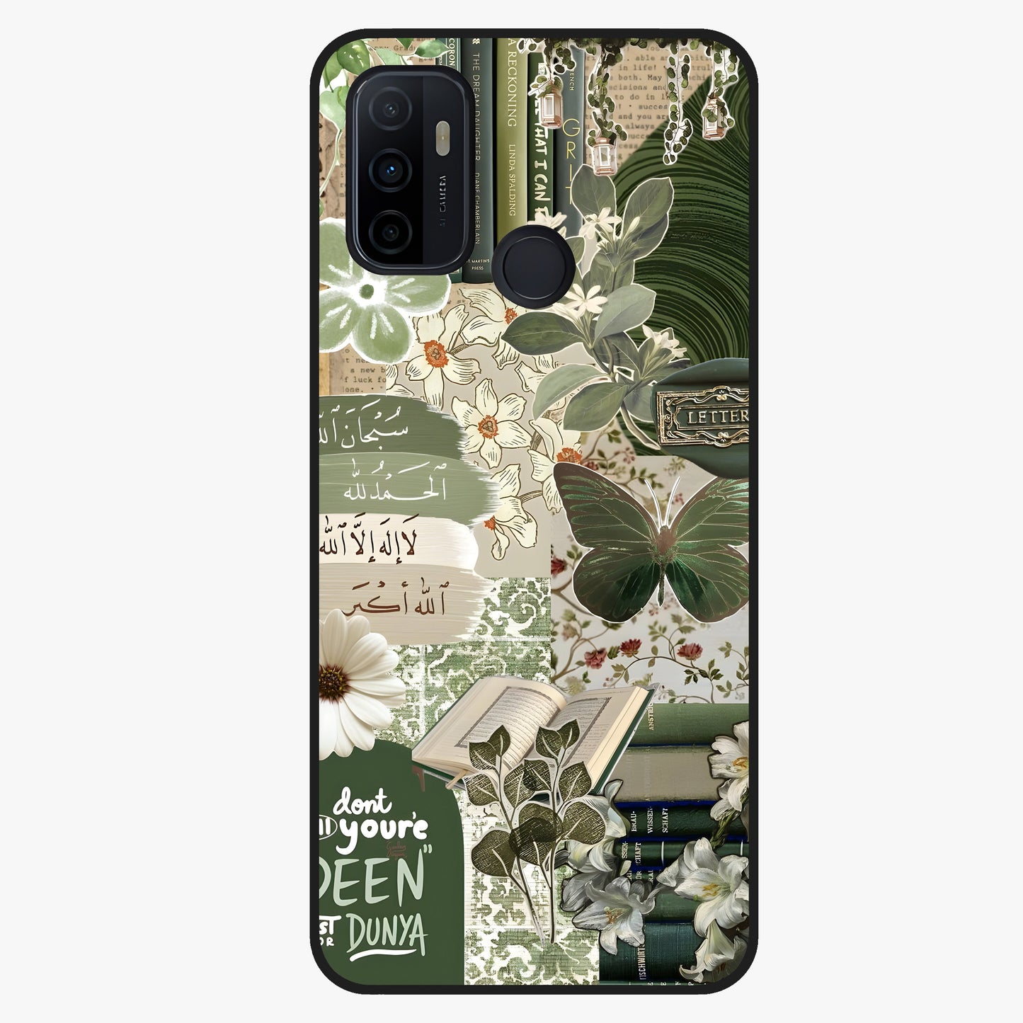 Green Islamic Books Quotes Glass Case showing flat back view with Islamic quotes and book themed artwork and glossy glass finish.