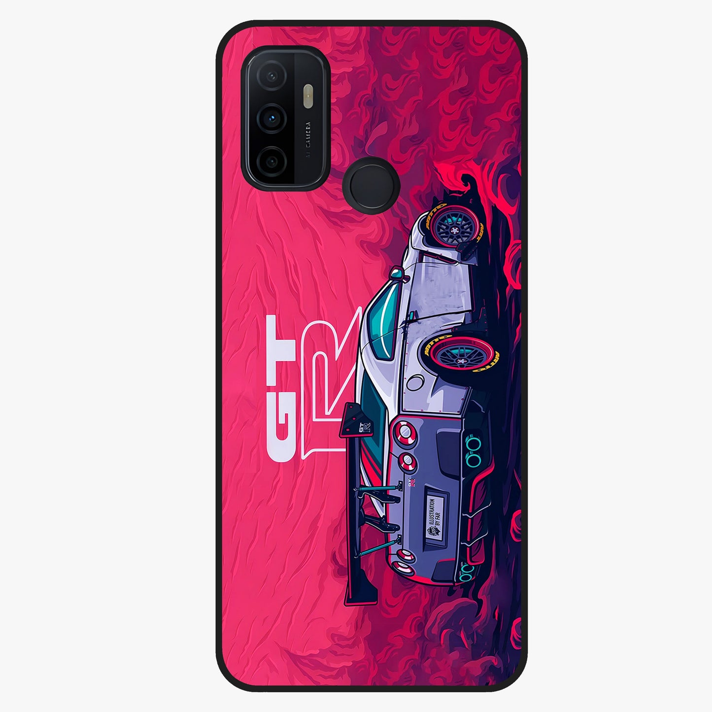 GT-R Car Pattern Glass Case showing flat back view with sporty car inspired pattern artwork and glossy glass finish.