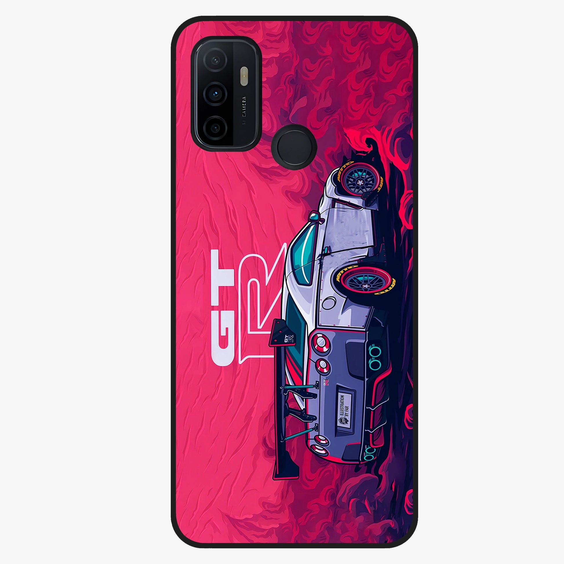 GT-R Car Pattern Glass Case showing flat back view with sporty car inspired pattern artwork and glossy glass finish.