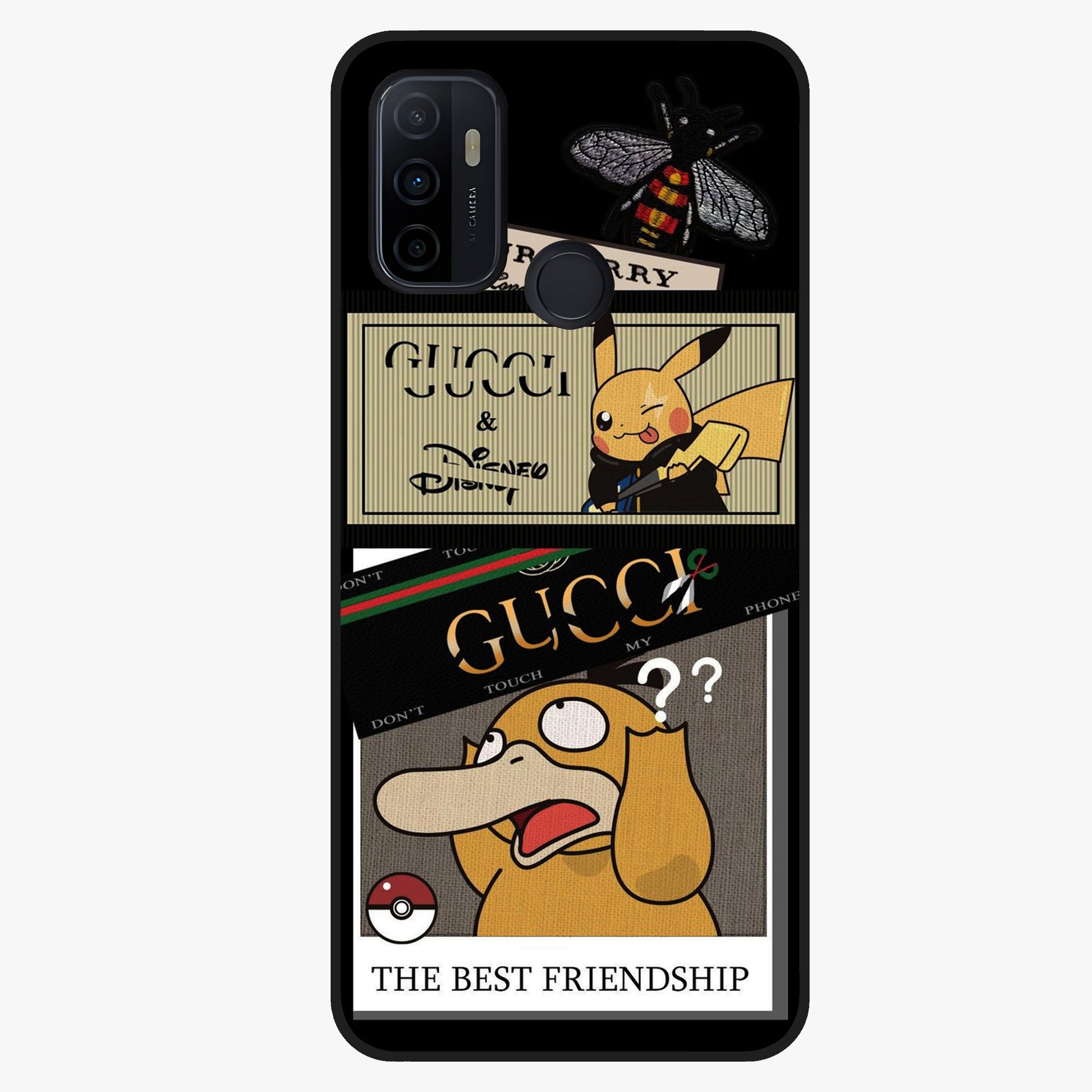 Gucci Play Mashup Glass Case showing flat back view with luxury inspired graphic artwork and glossy glass finish.