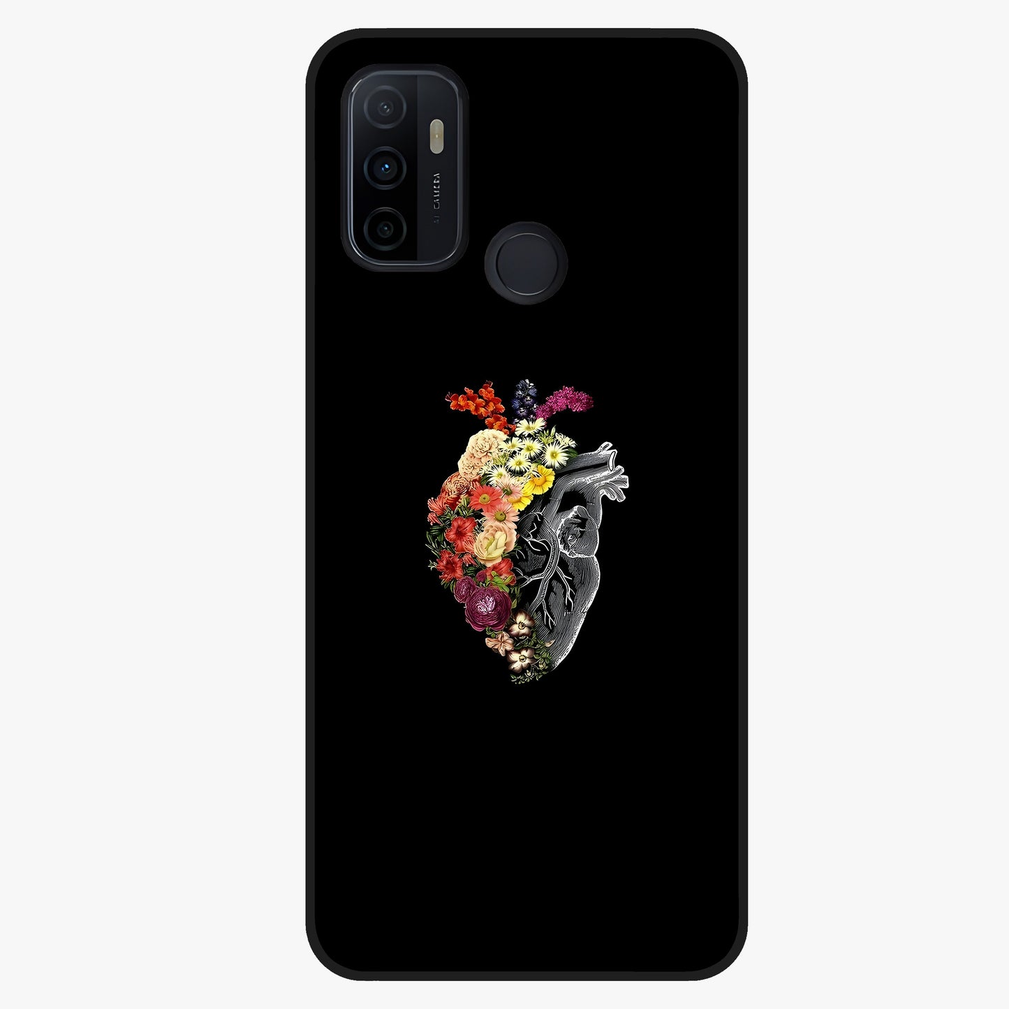Heart With Flowers Glass Case showing flat back view with heart shaped floral artwork and glossy glass finish.