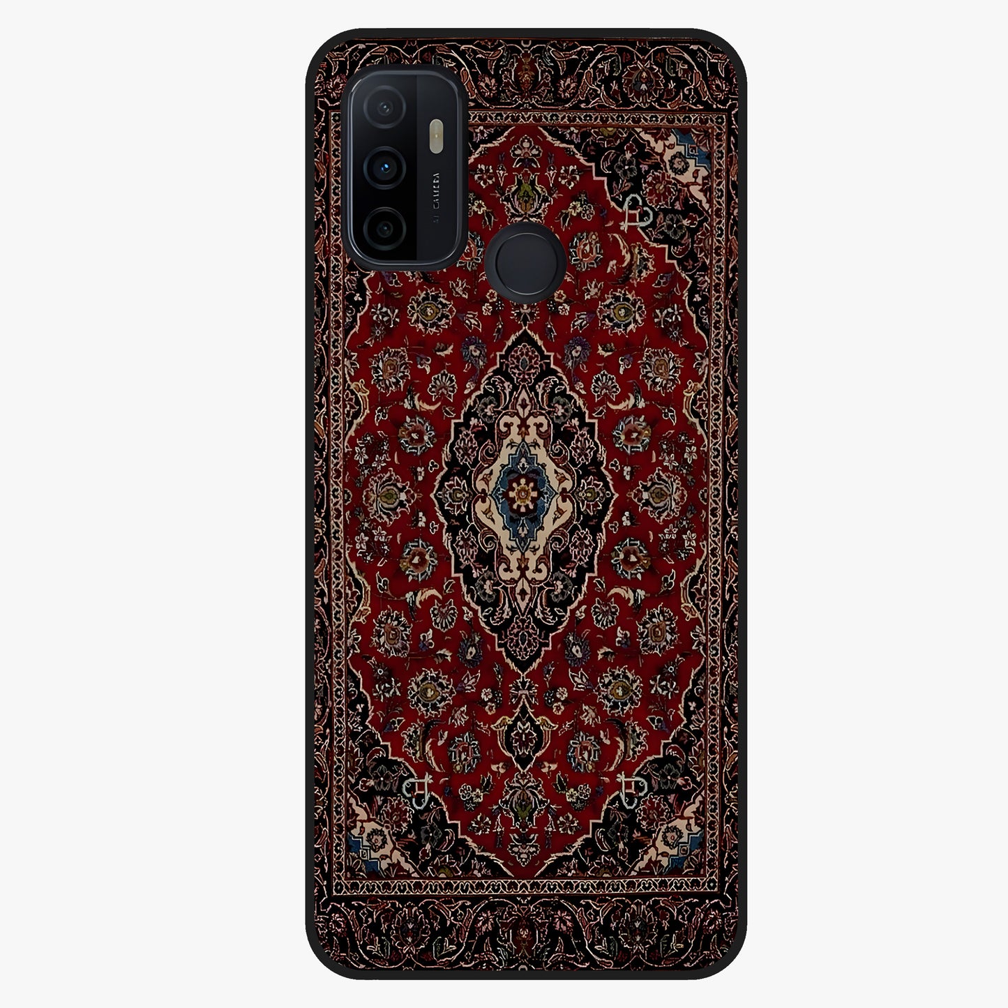 Heritage Carpet Royale Glass Case showing flat back view with ornate Persian carpet inspired pattern and glossy glass finish.