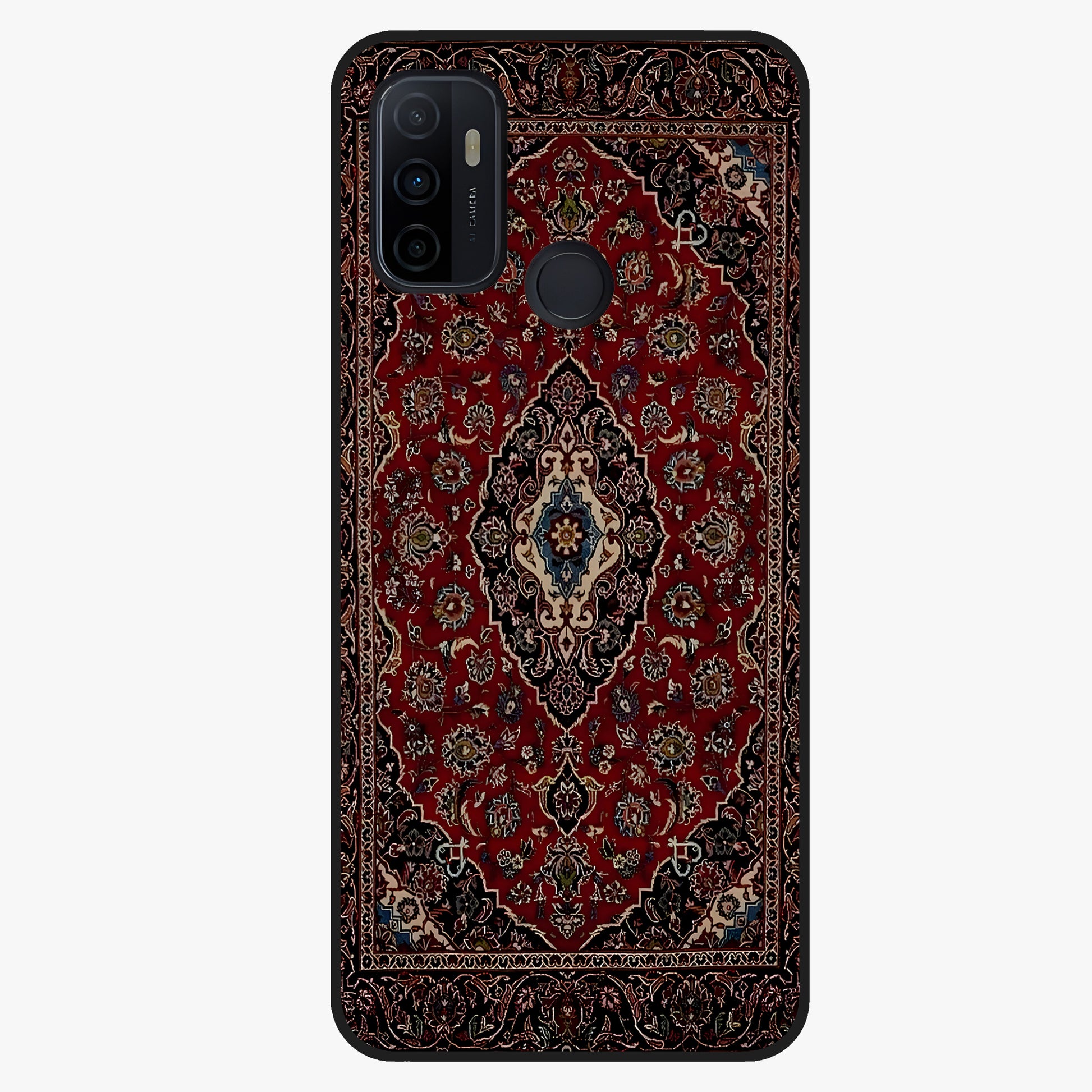 Heritage Carpet Royale Glass Case showing flat back view with ornate Persian carpet inspired pattern and glossy glass finish.