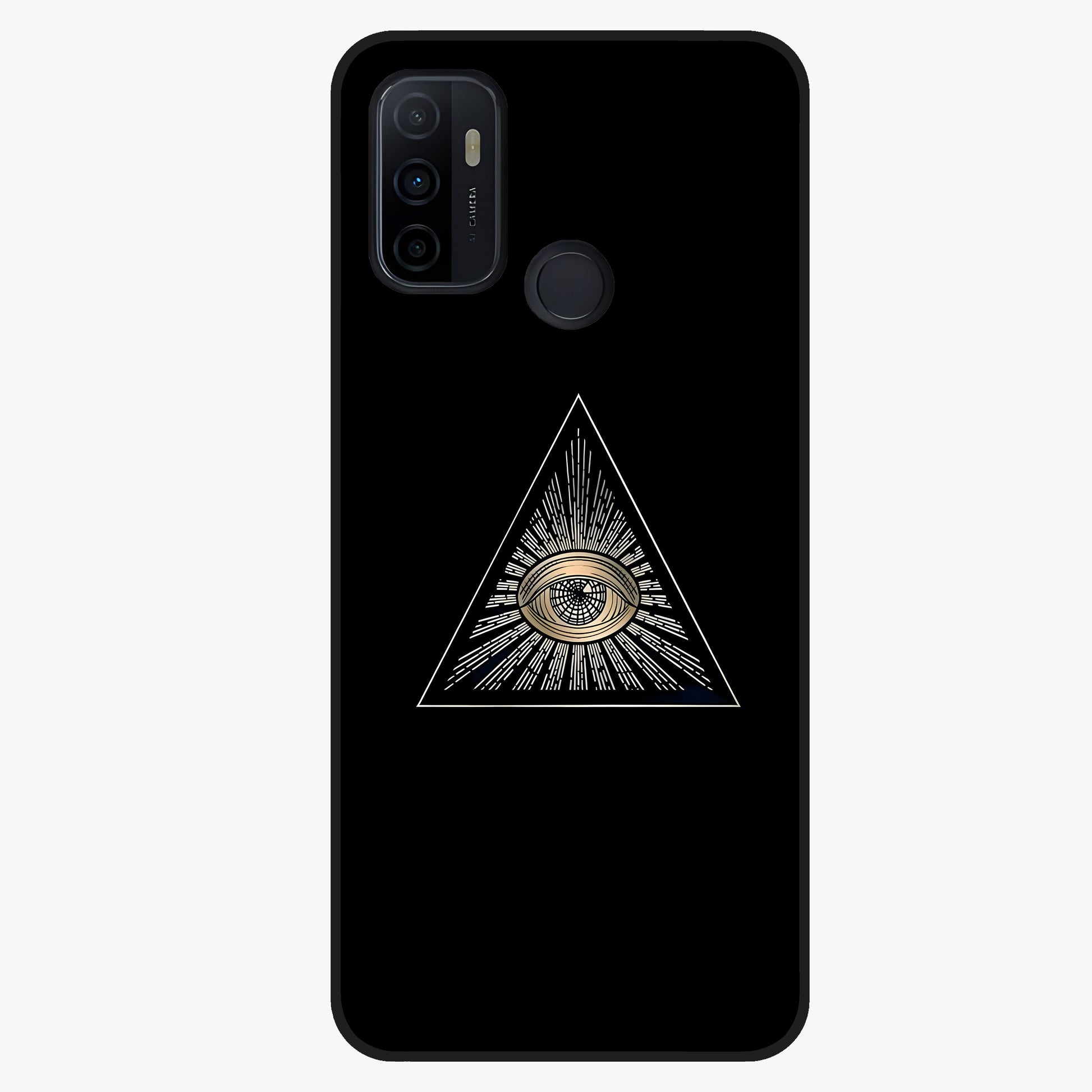Illuminati Evil Glass Case showing flat back view with mysterious illuminati symbol artwork and glossy glass finish.