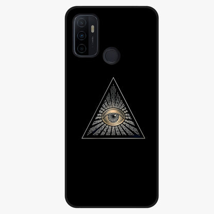 Illuminati Evil Glass Case showing flat back view with mysterious illuminati symbol artwork and glossy glass finish.