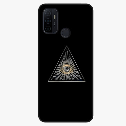 Illuminati Evil Glass Case showing flat back view with mysterious illuminati symbol artwork and glossy glass finish.