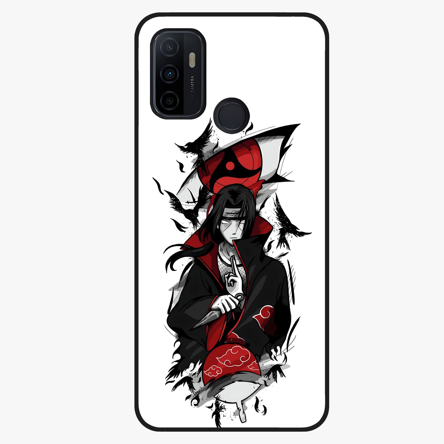 Itachi Sharingan Glass Case showing flat back view with powerful anime eye artwork and glossy glass finish.