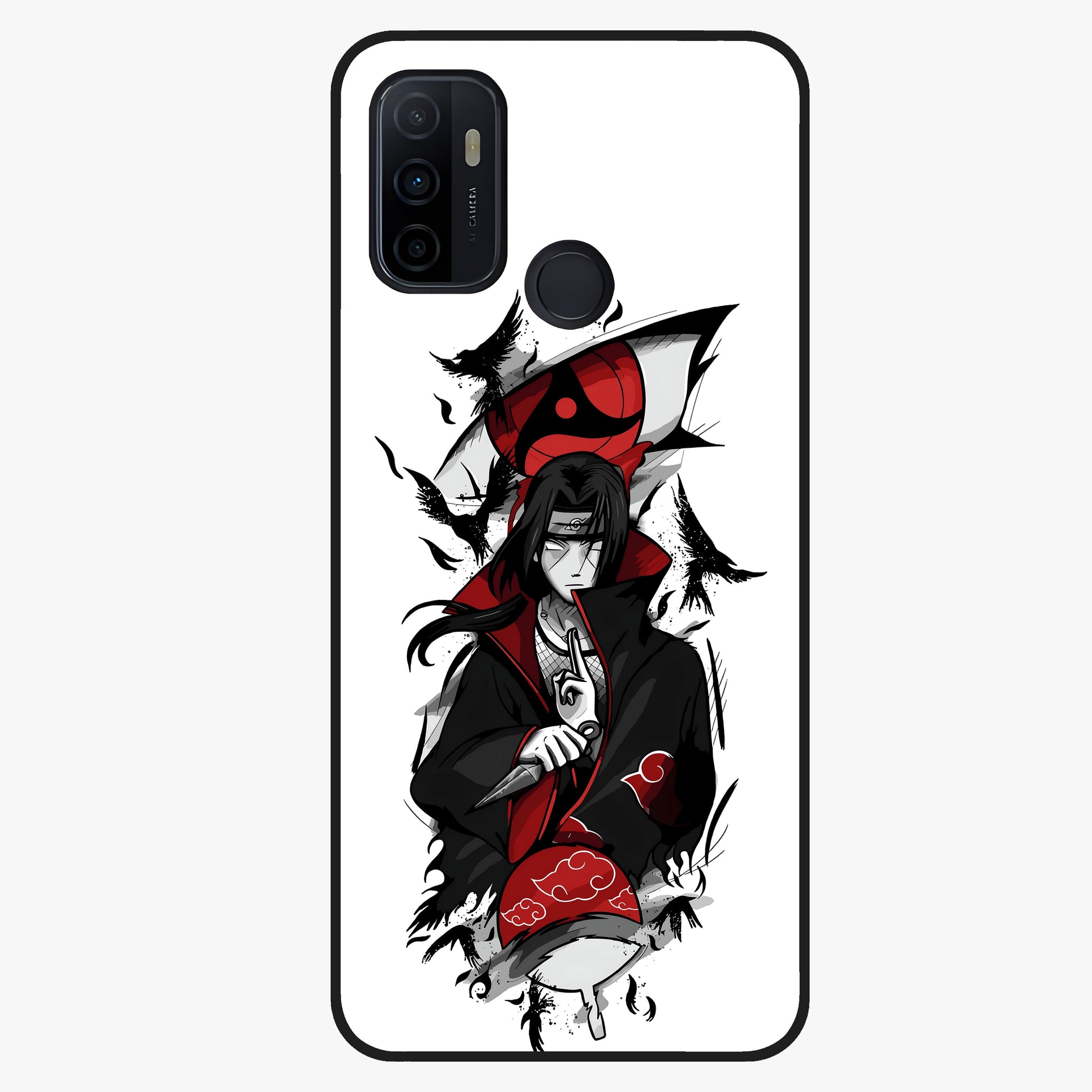 Itachi Sharingan Glass Case showing flat back view with powerful anime eye artwork and glossy glass finish.