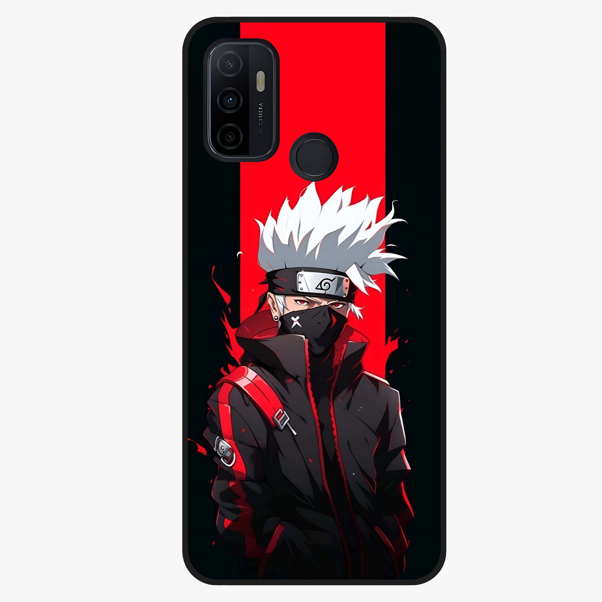 Kakashi Scarlet Shadow Glass Case showing flat back view with powerful anime ninja artwork and glossy glass finish.