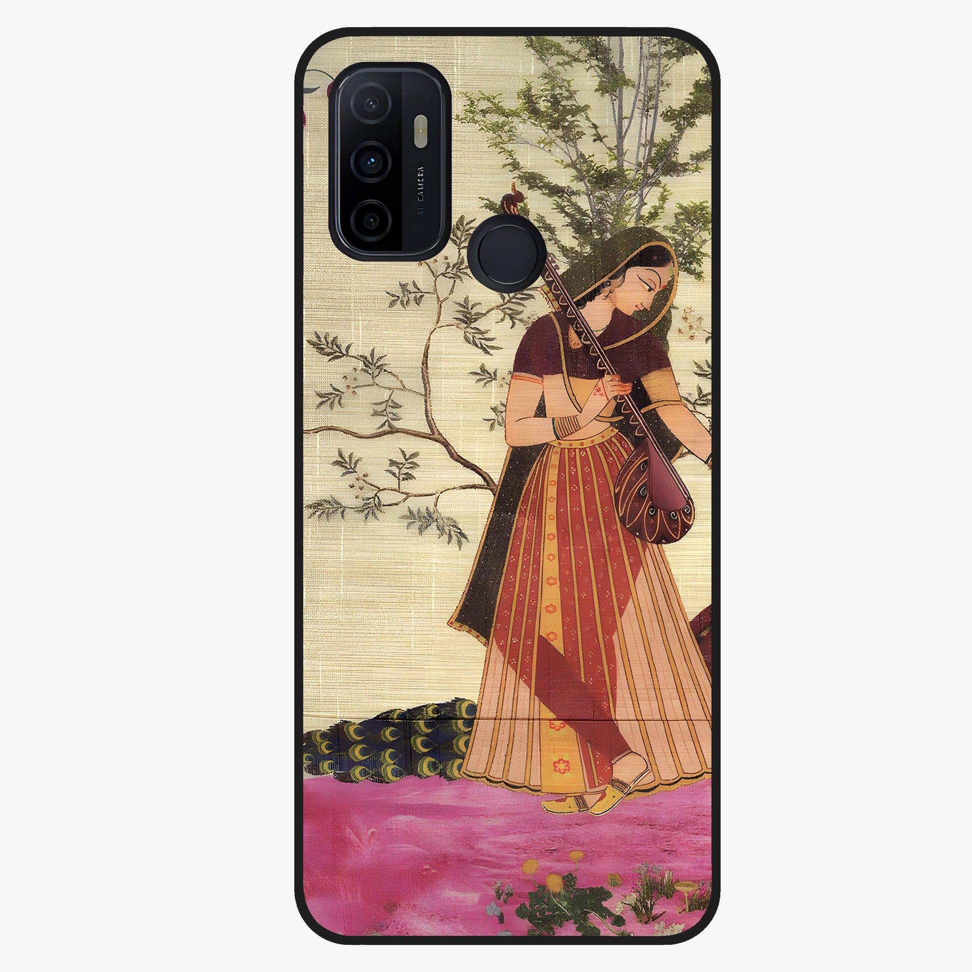 Lady With Veena Art Glass Case showing flat back view with elegant woman playing veena artwork and glossy glass finish.