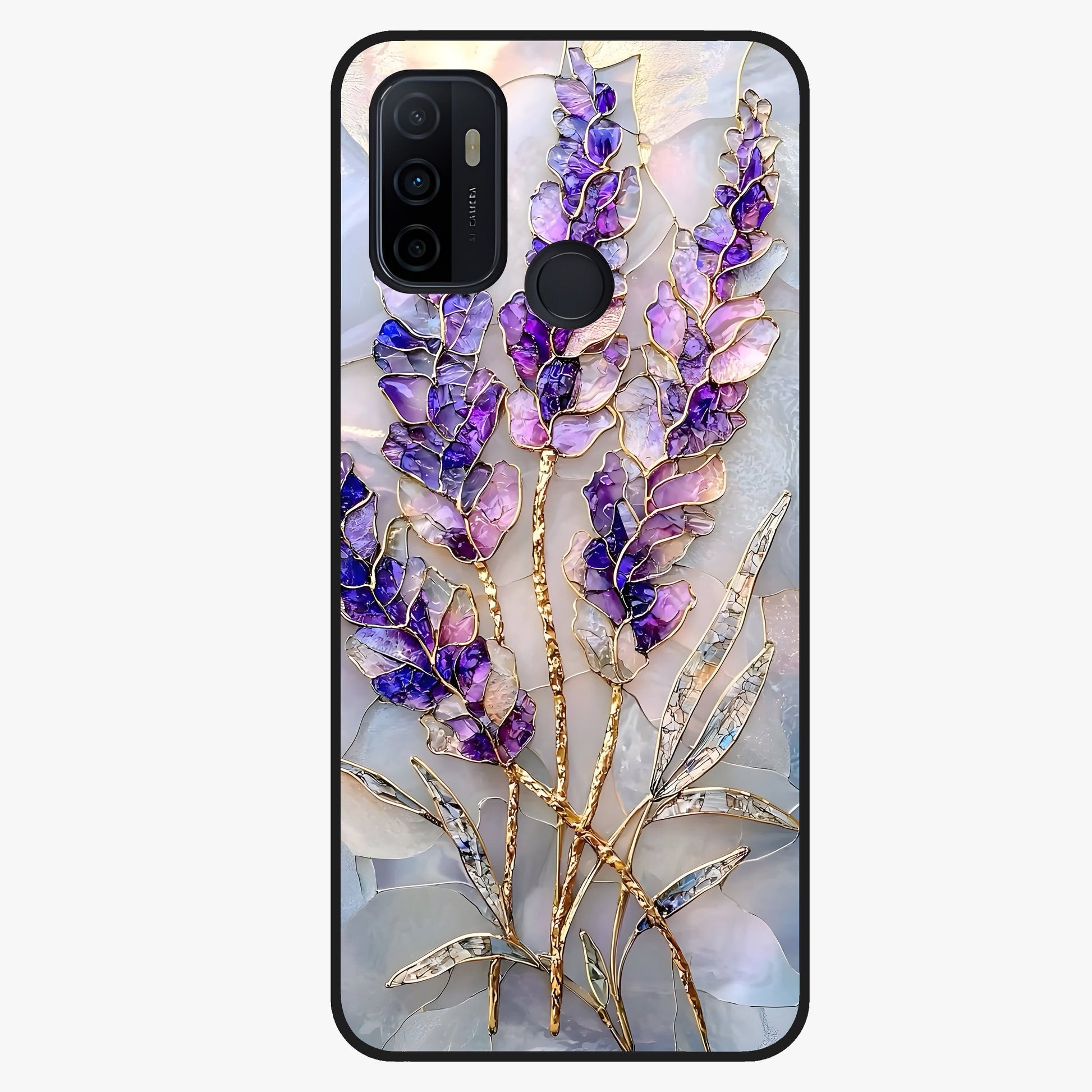 Lavender Dream Glow Glass Case showing flat back view with glowing lavender aesthetic artwork and glossy glass finish.